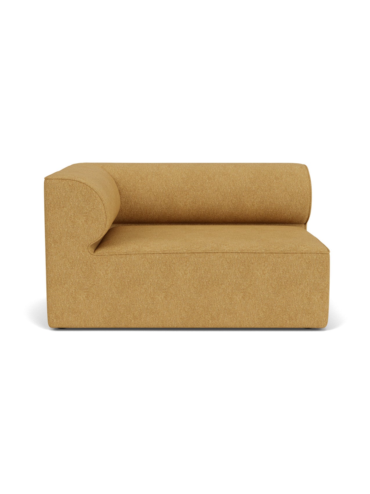 Front-on view of the Eave Modular Sofa, a left-hand corner piece, upholstered in a textured, mustard-yellow Moss 22 fabric.