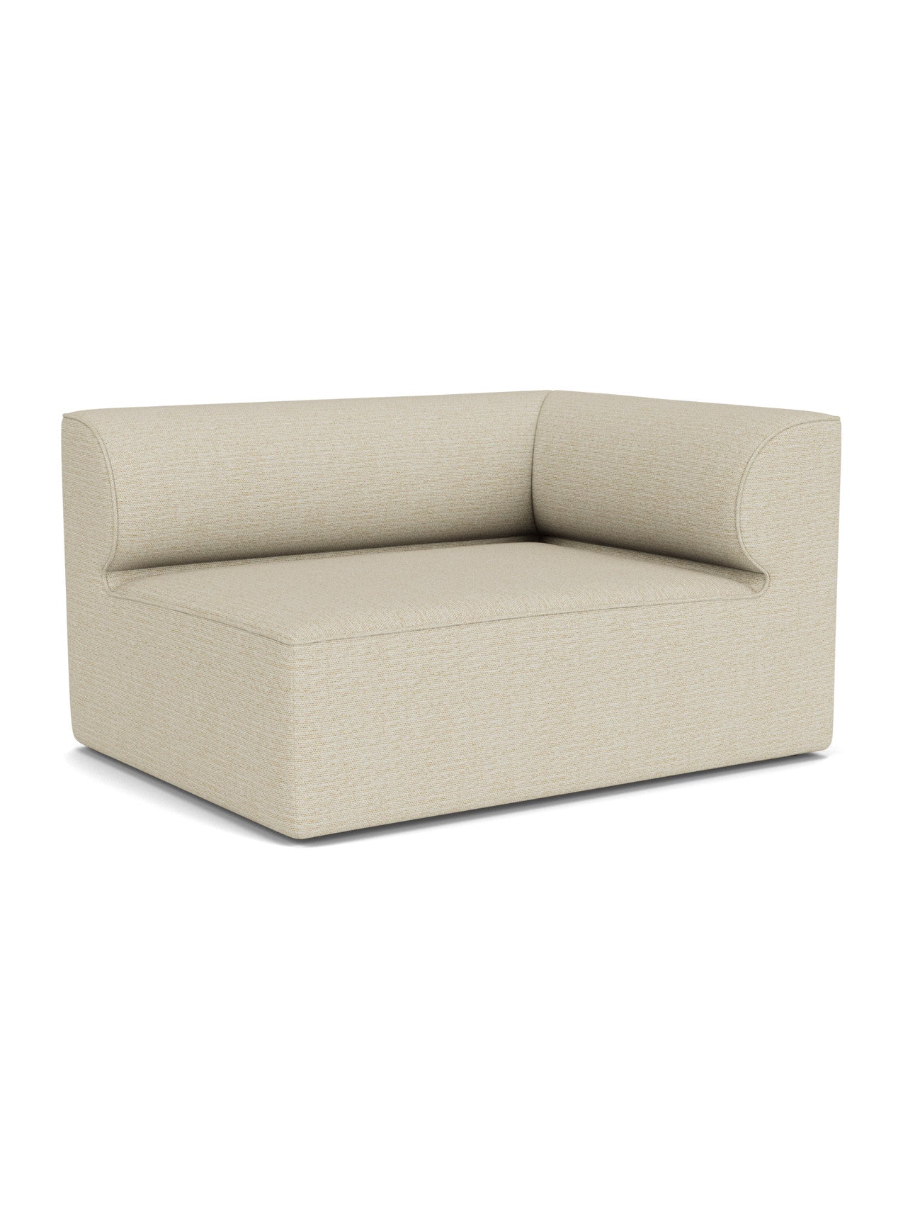 Angled view of the Eave Modular Sofa, 96, Corner 144 right-hand module, upholstered in a light beige textured fabric.