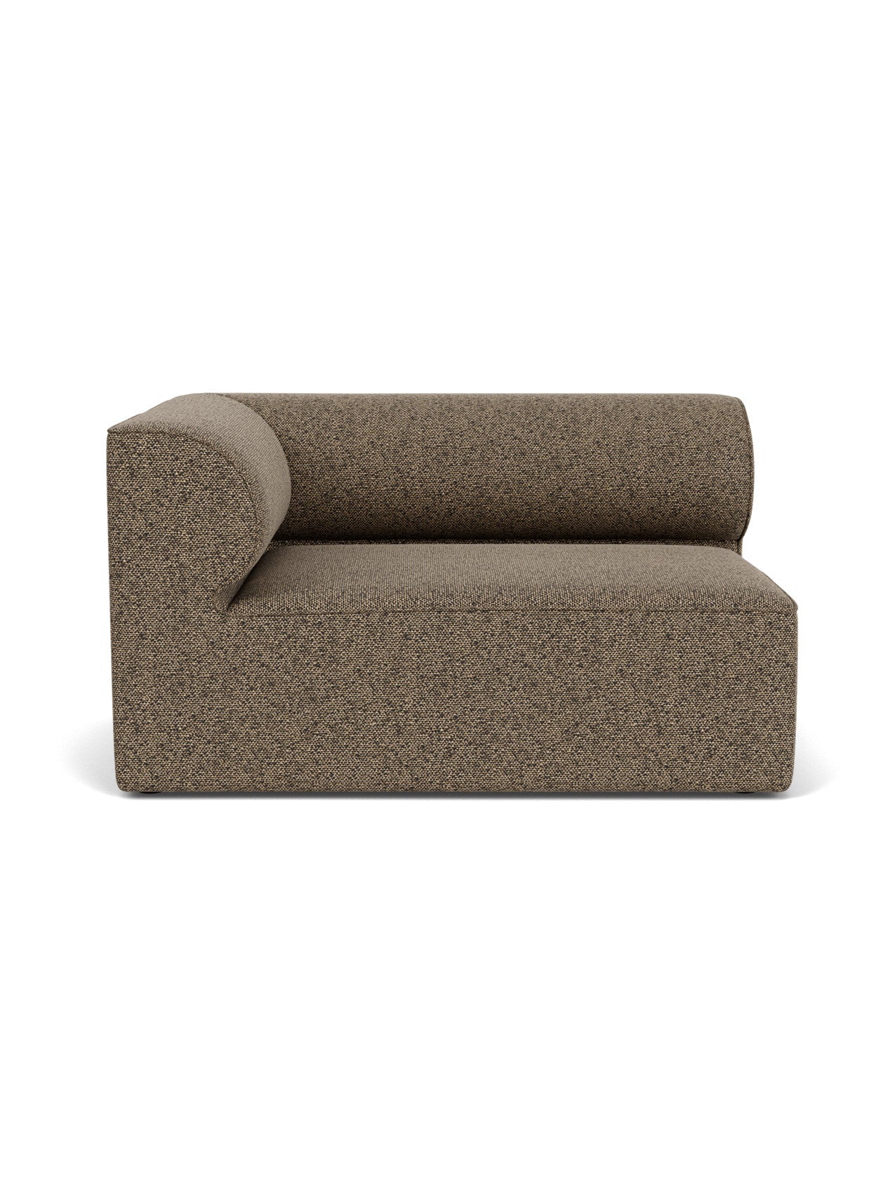A front view of the Eave Modular Sofa, 96, Corner 144 Left module, upholstered in a textured brown Safire 001 fabric.