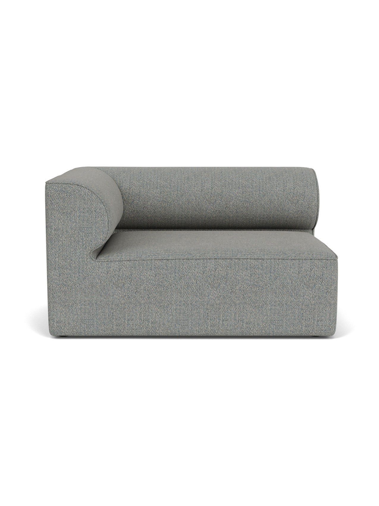 Front view of the Eave Modular Sofa, 96, Corner 144. The left corner piece is upholstered in textured grey Safire 12 fabric.