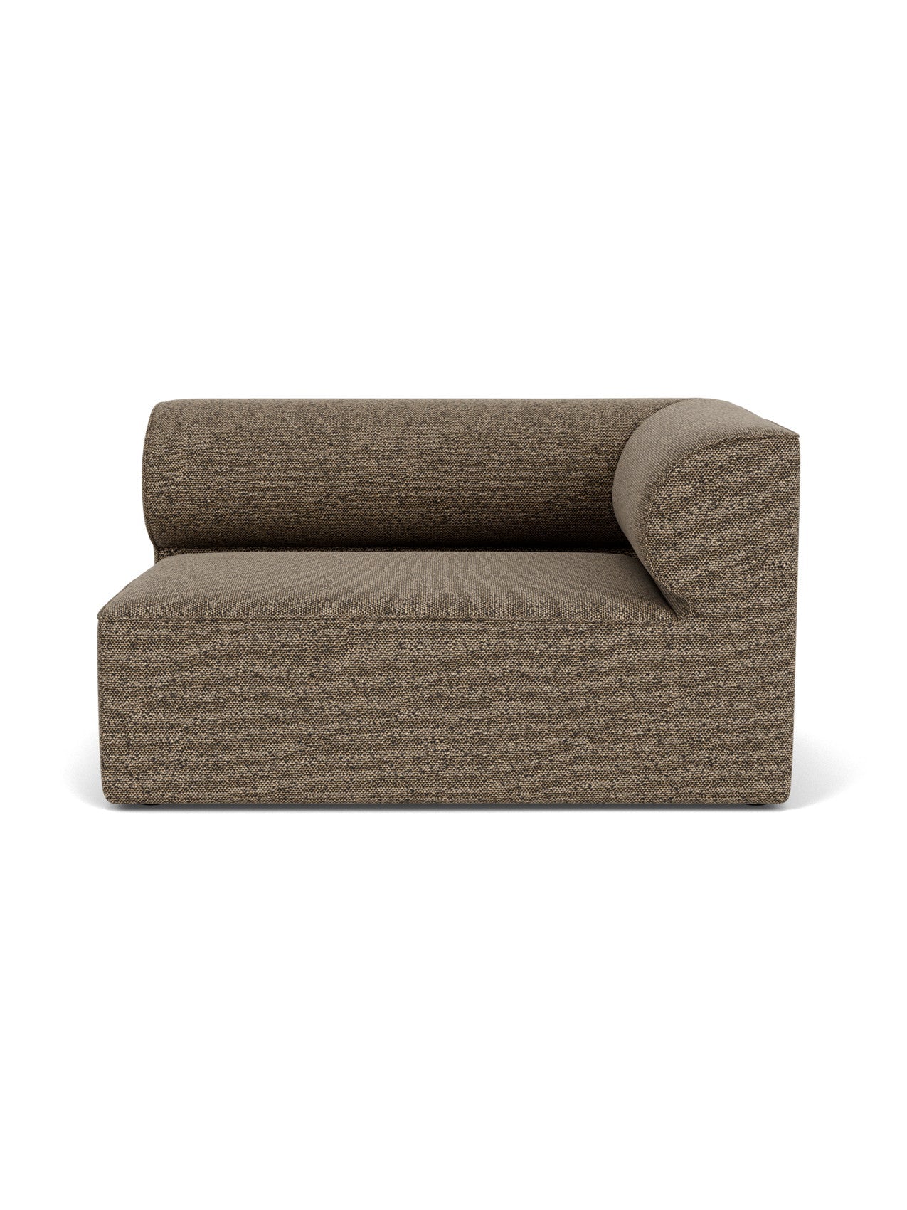 A front view of the Eave Modular Sofa, 96, Corner 144, shown as a right module upholstered in textured brown Safire 001.