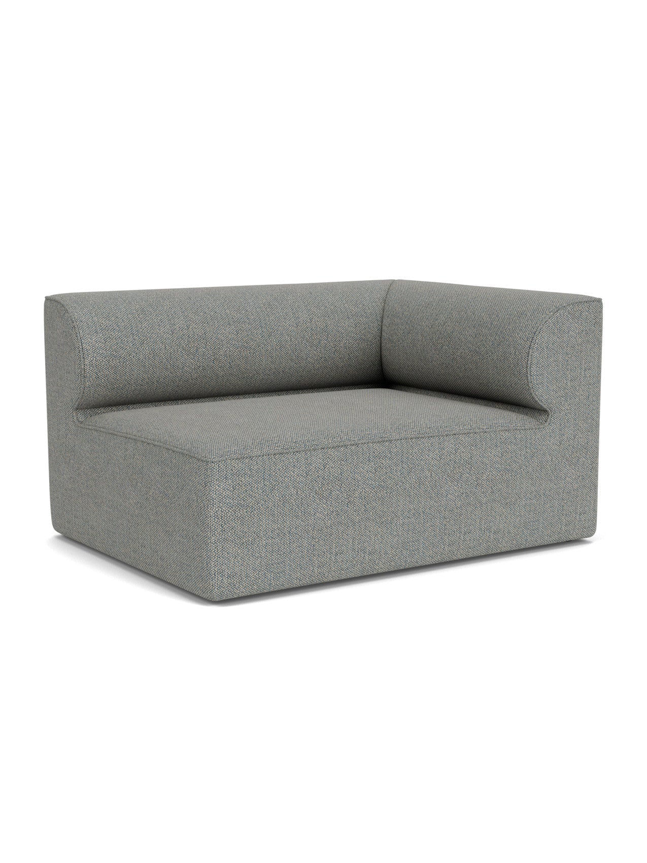 Angled view of the Eave Modular Sofa, 96, Corner 144 module in a light grey Safire 12 fabric against a white background.
