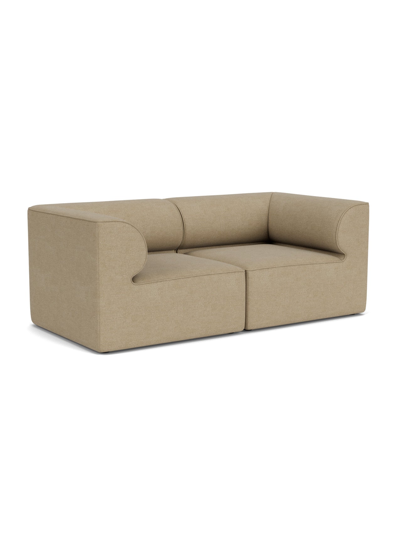 An Eave Modular Sofa, 96, 2-seater, Configuration 1 in light brown bouclé fabric, shown at an angle on a white background.