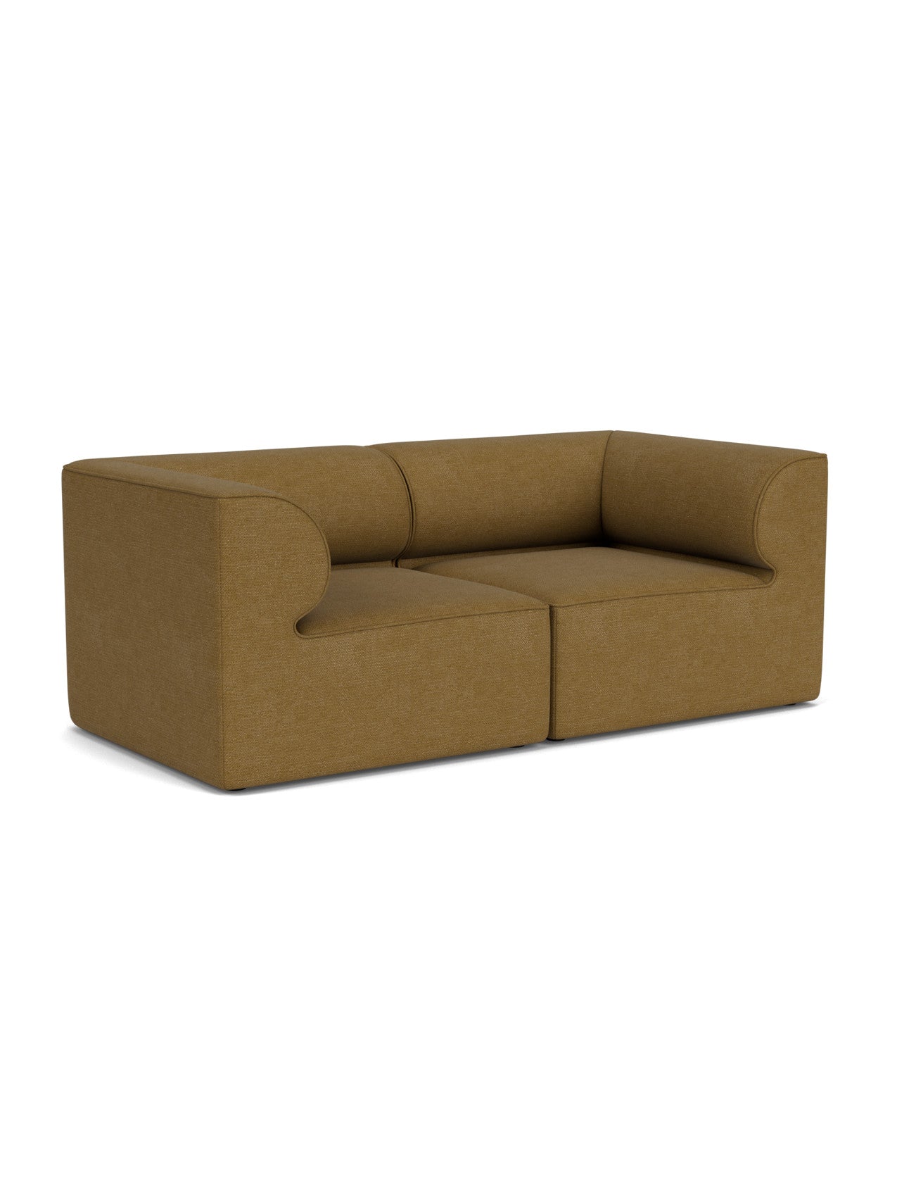An angled view of the Eave Modular Sofa, 96, 2-seater, Configuration 1, upholstered in a textured, ochre Audo Bouclé 06.