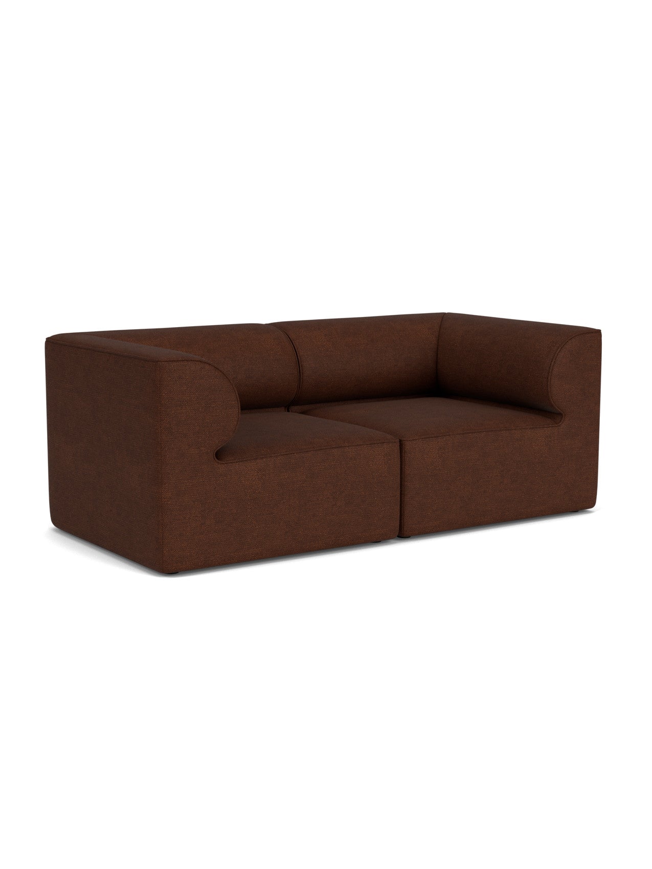 The Eave Modular Sofa, 96, 2-seater, Configuration 1, upholstered in dark brown Audo Bouclé 08 fabric, seen from an angle.