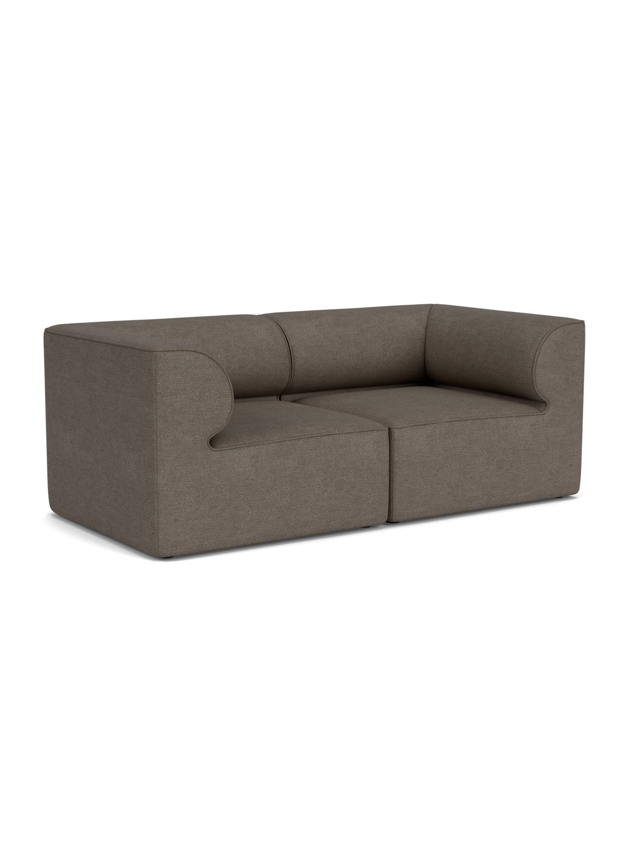 An Eave Modular Sofa, 96, 2-seater, Configuration 1 in a dark brown, textured Audo Bouclé fabric shown on a white background.