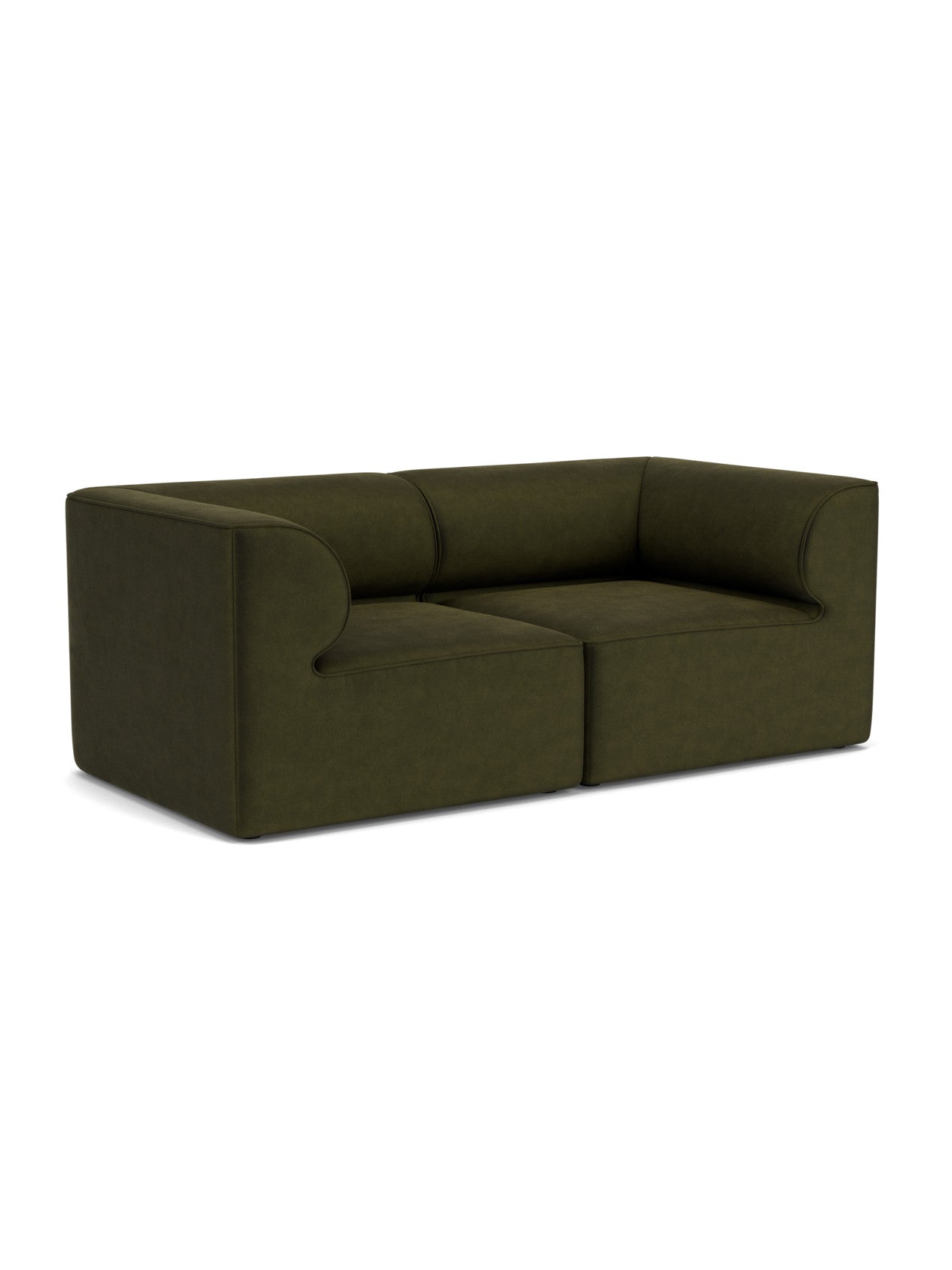 Eave Modular Sofa, 96, 2-seater, Configuration 1 in a dark green fabric, featuring low, curved armrests. Angled view.