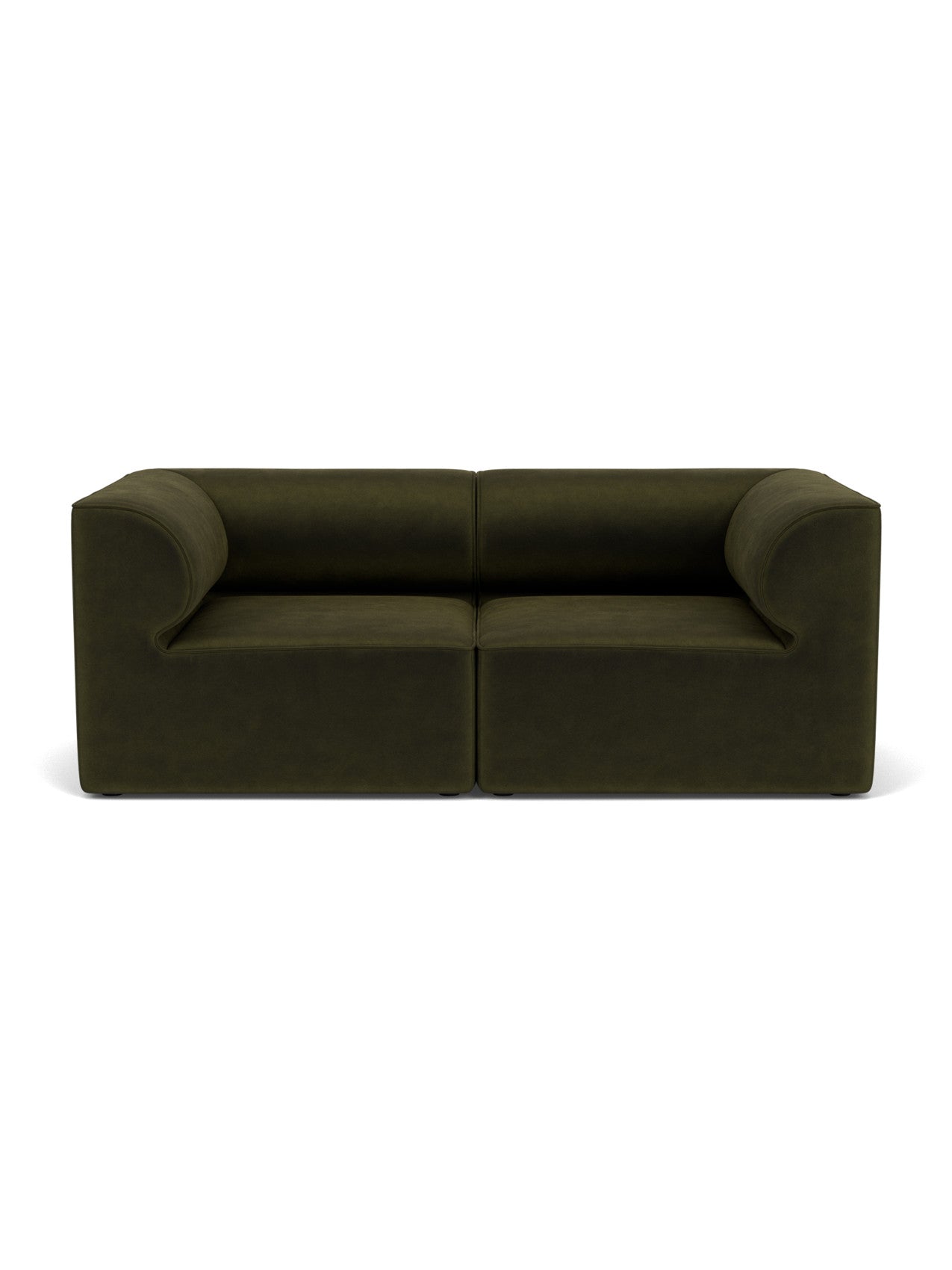 Eave Modular Sofa, 96, 2-seater, in dark green fabric, showcasing its blocky form and curved internal armrests.