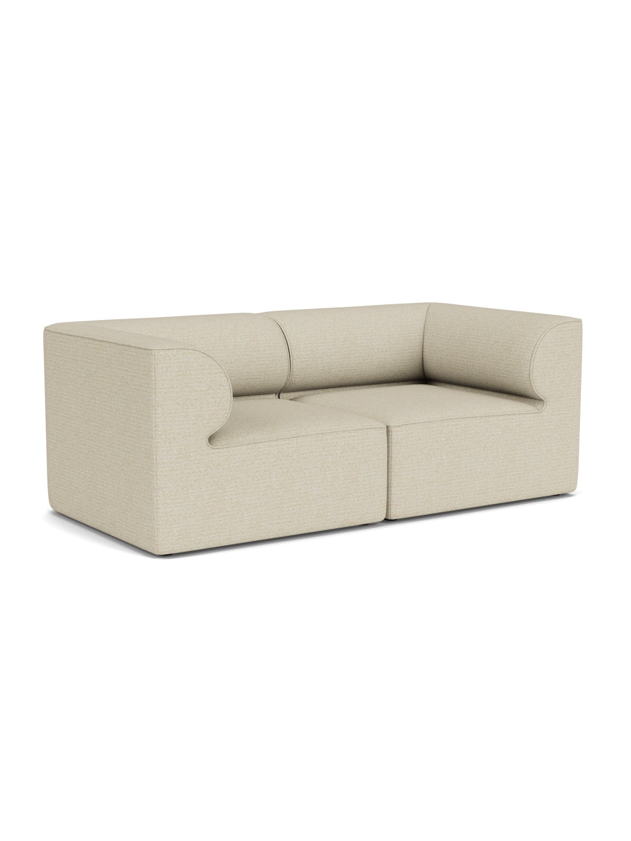 An angle view of the Eave Modular Sofa, 96, 2-seater, Configuration 1, upholstered in a light beige textured fabric.