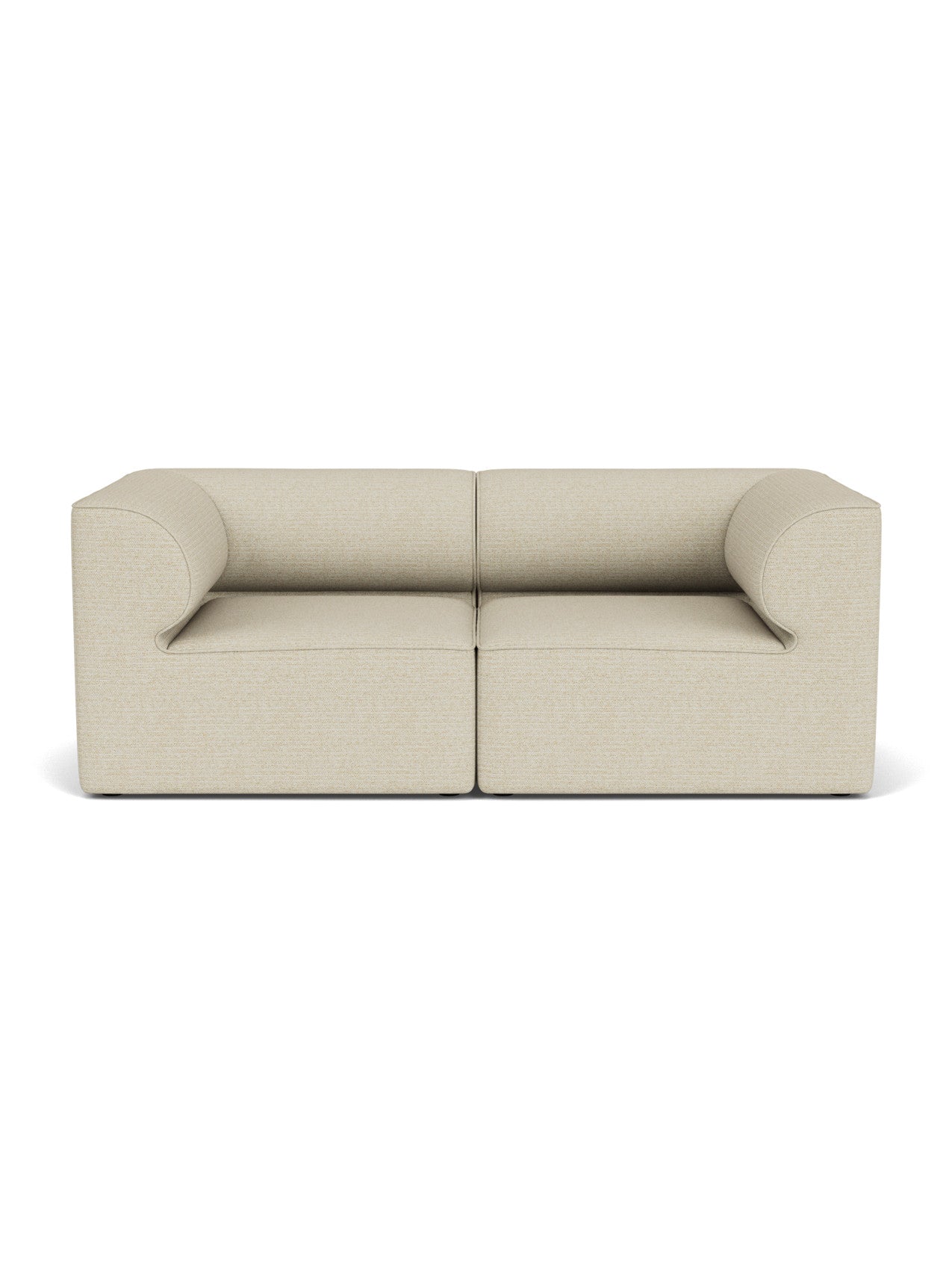 Front view of the Eave Modular Sofa, 96, 2-seater, Configuration 1, in Savanna 202 beige fabric with its curved armrests.