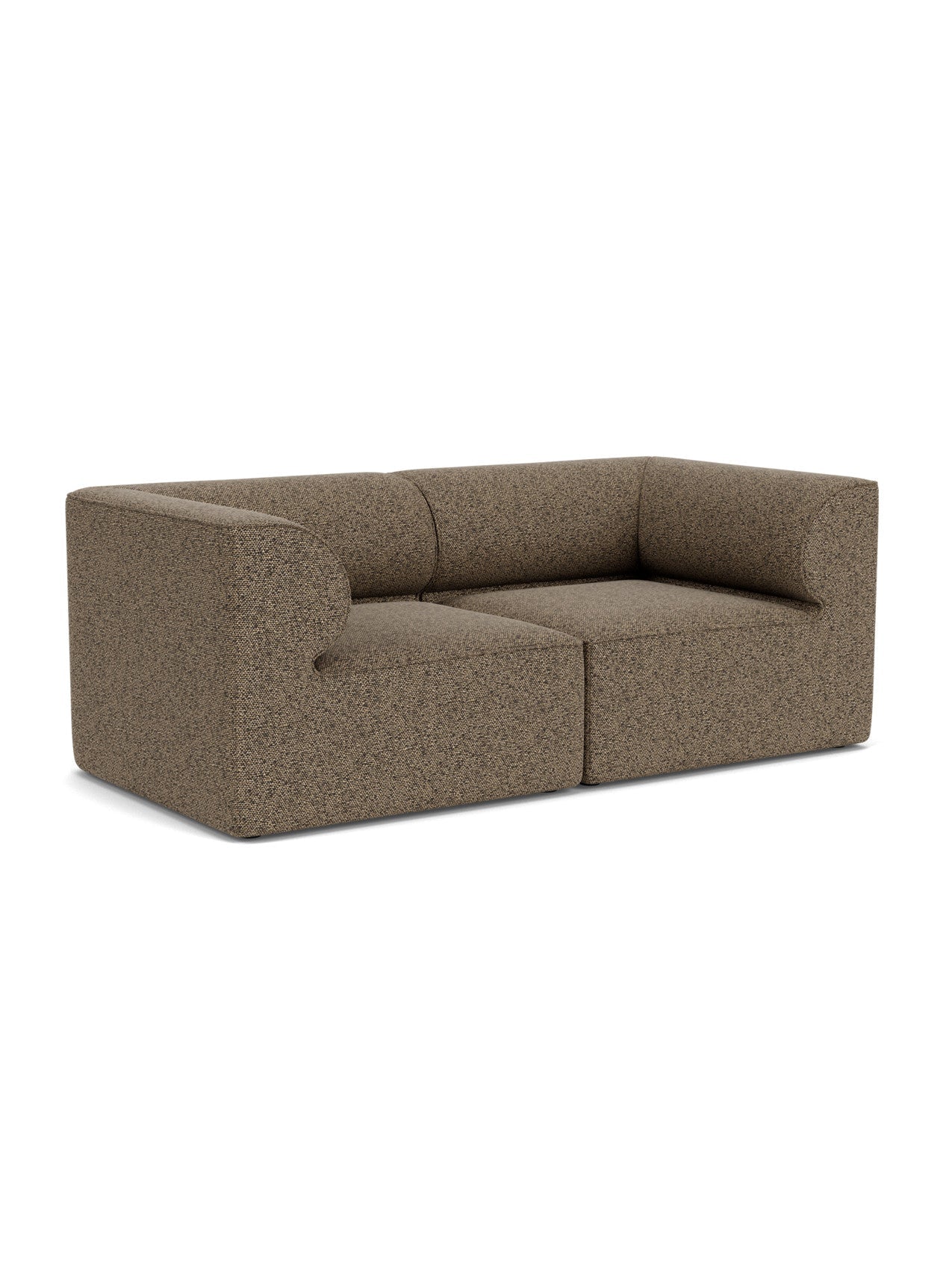 The Eave Modular Sofa, 96, 2-seater in brown Safire 001 fabric, viewed from an angle, showing its curved internal armrests.