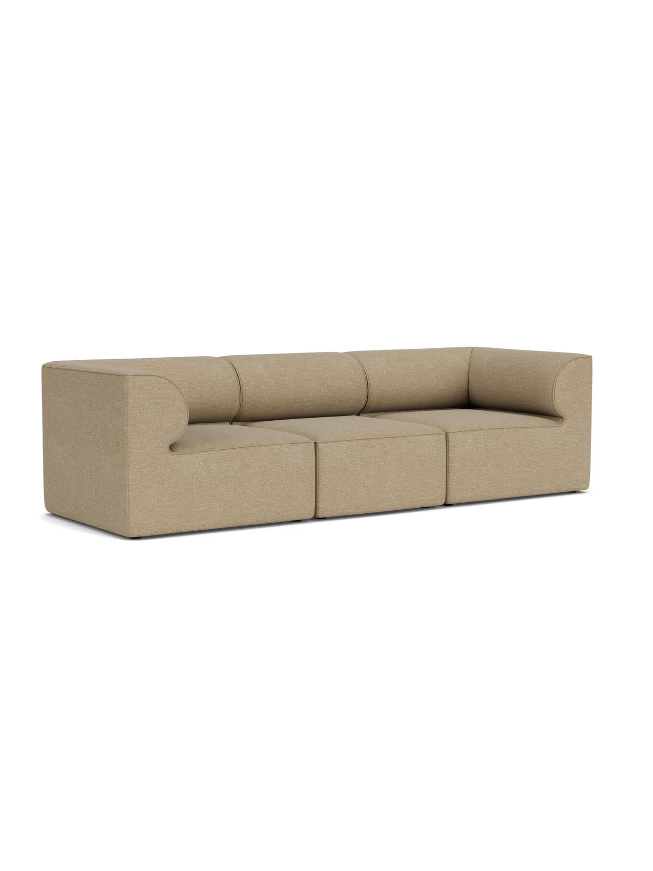 An angled view of the Eave Modular Sofa, 96, 3-Seater, Configuration 2, in light brown bouclé against a white background