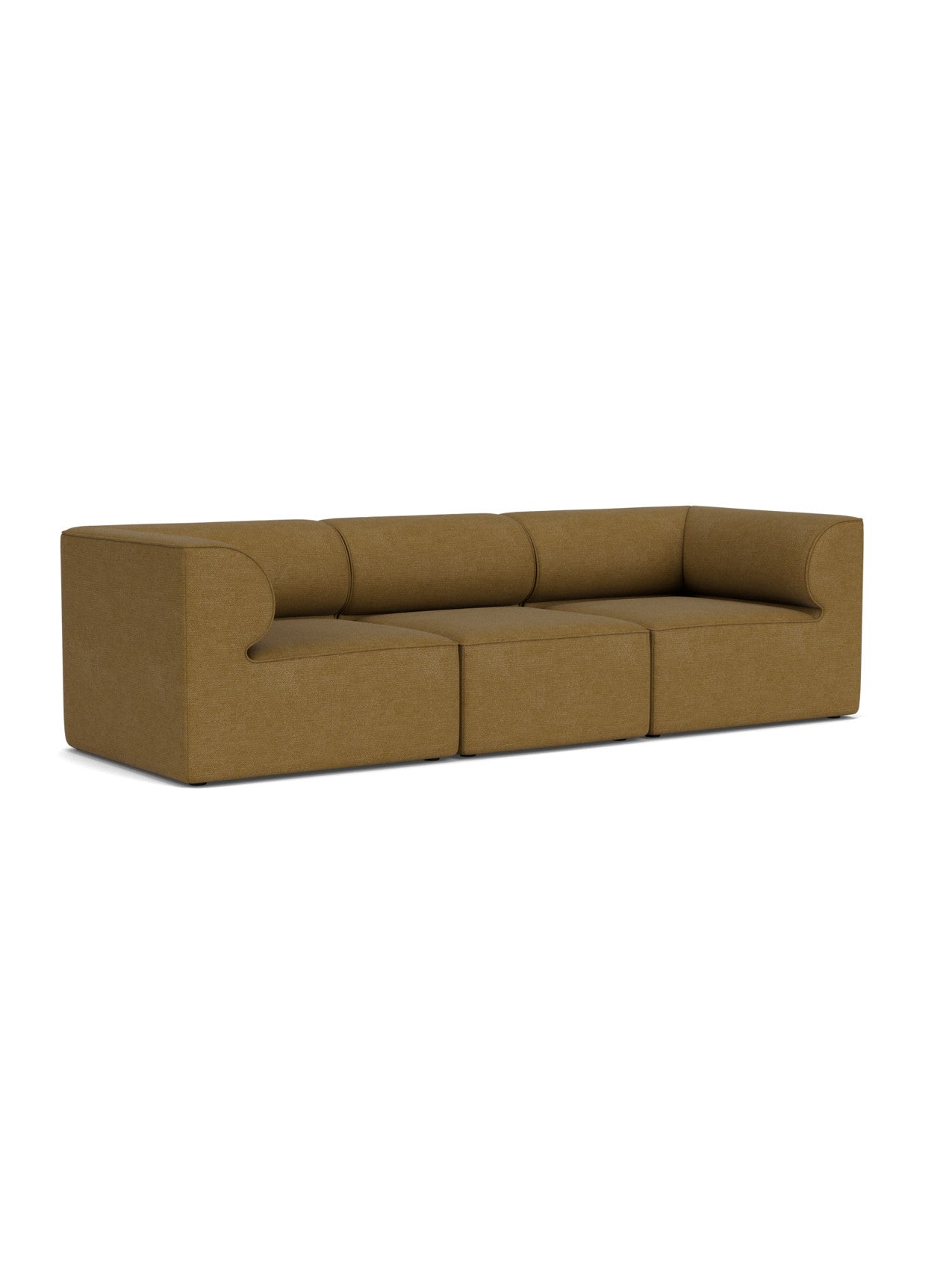 Angled view of the Eave Modular Sofa, 96, 3-Seater, Configuration 2 in dark yellow bouclé fabric with curved armrests.