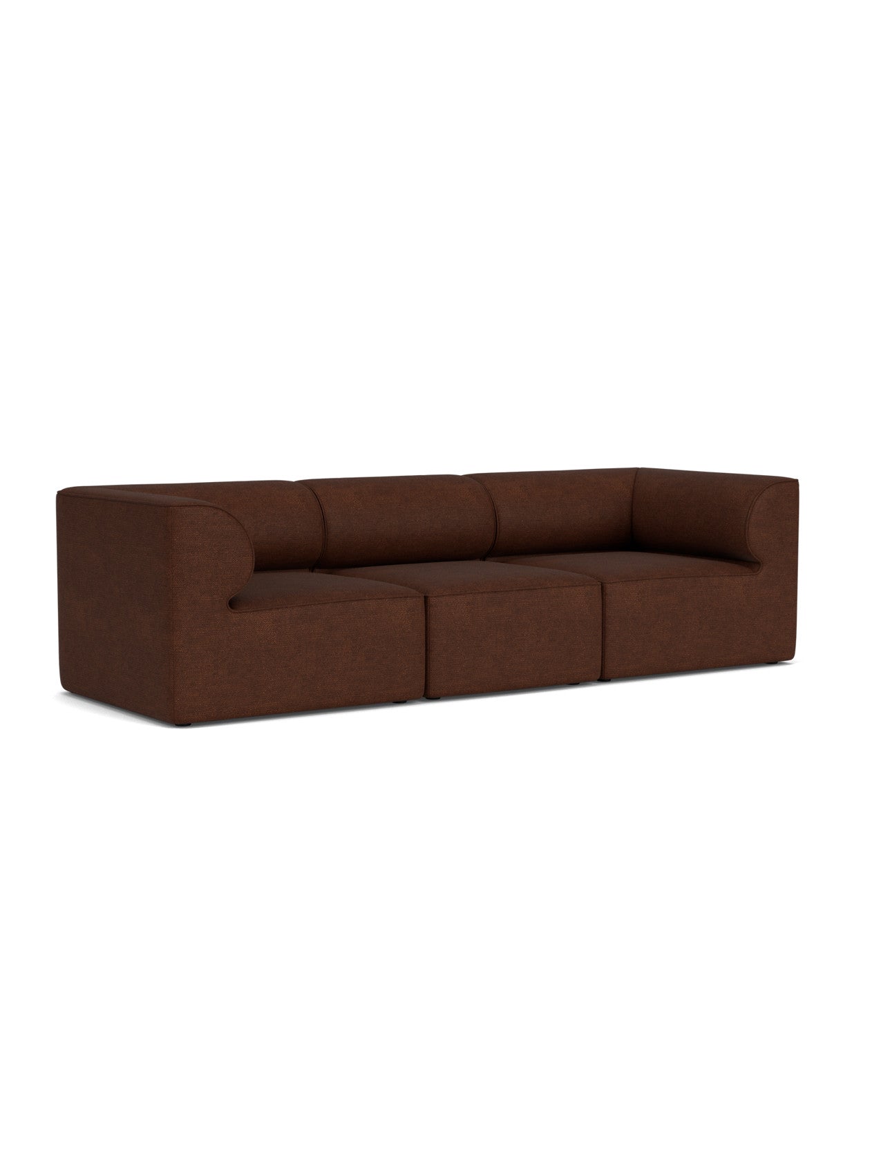 A front-angle shot of the Eave Modular Sofa, 96, 3-Seater, Configuration 2, upholstered in a rich brown bouclé fabric.