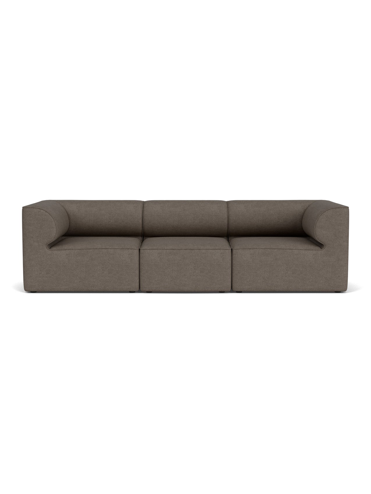 Front view of the Eave Modular Sofa, 96, 3-Seater, Configuration 2, upholstered in a dark brownish-grey bouclé fabric.