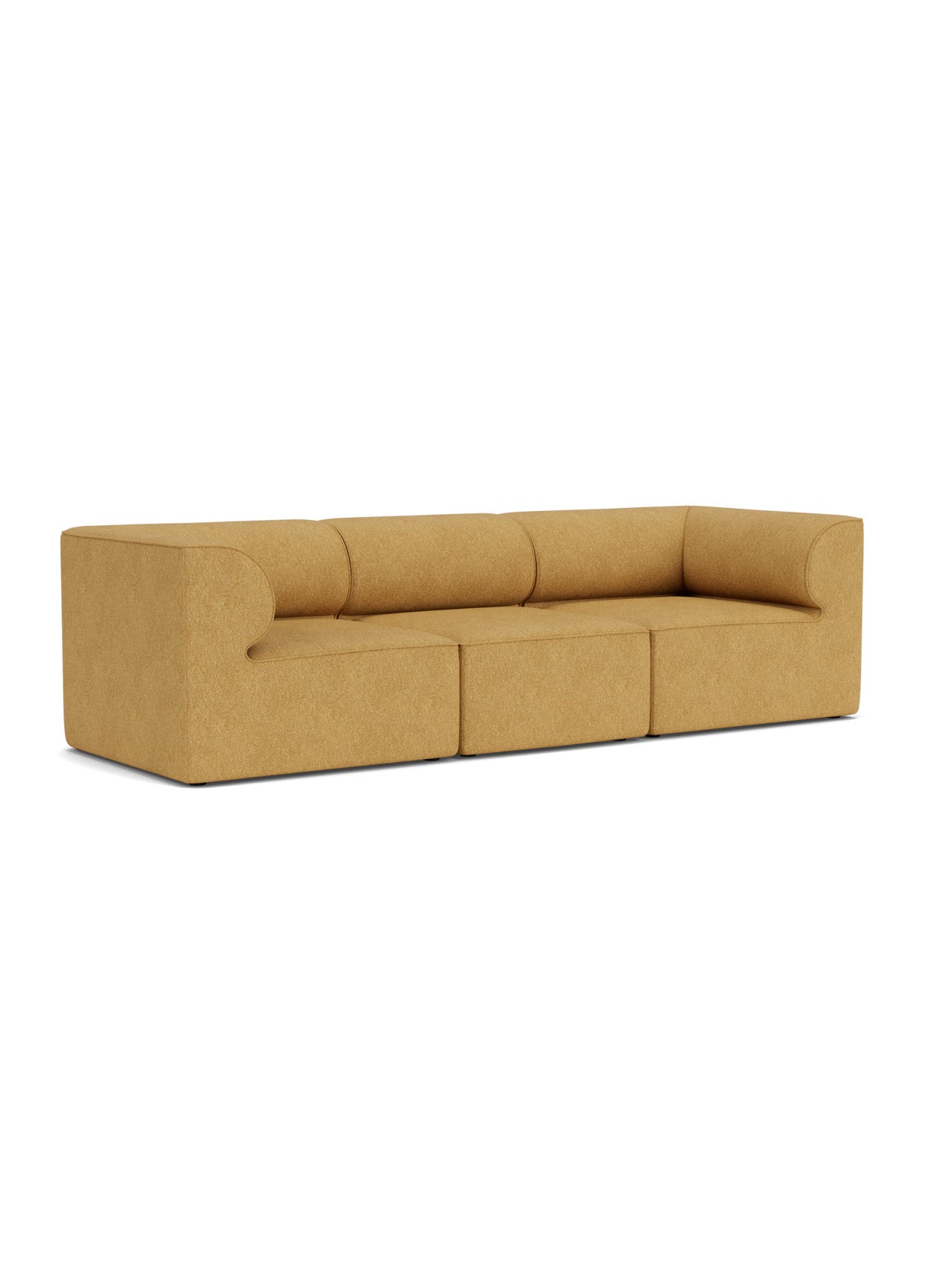 Angled view of the Eave Modular Sofa, 96, 3-Seater, Configuration 2, upholstered in a textured mustard-yellow fabric.