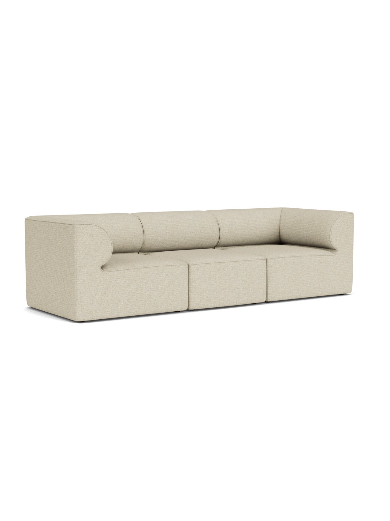 An angled view of the Eave Modular Sofa, a 3-seater in Configuration 2, upholstered in a textured, light beige fabric.