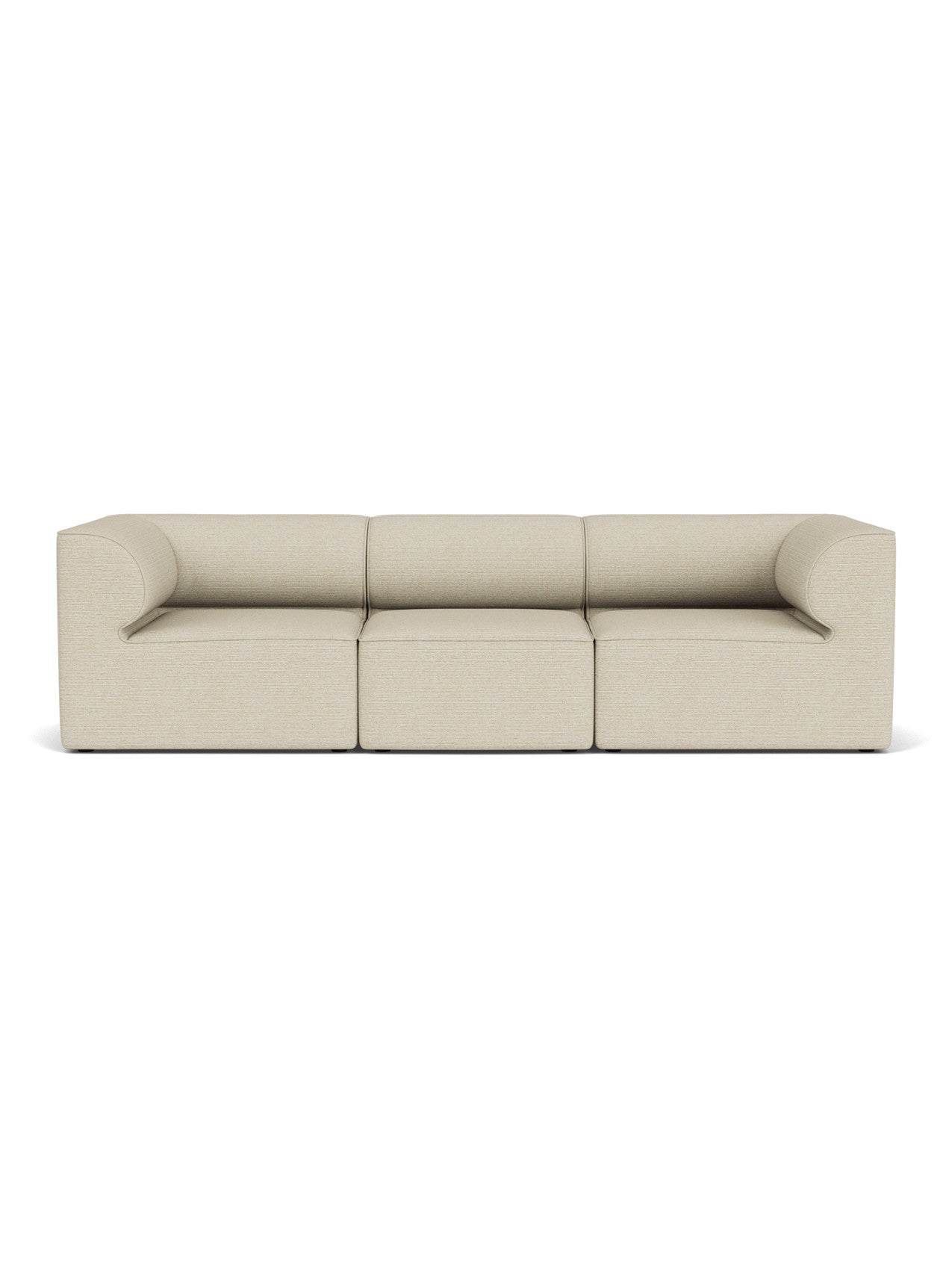 A front-on view of the Eave Modular Sofa, 96, 3-Seater, Configuration 2, in a light beige fabric against a white background.
