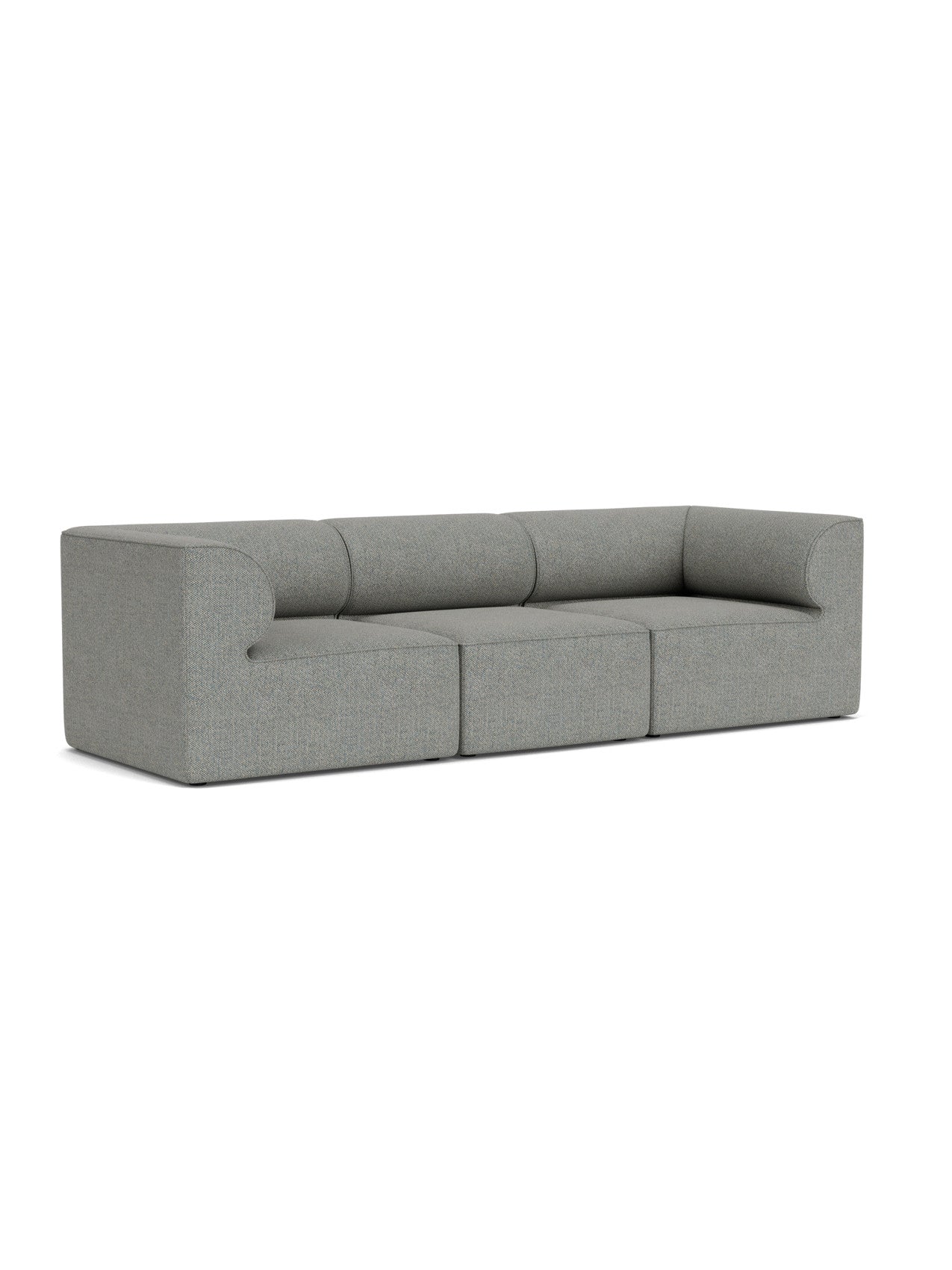 The Eave Modular Sofa, 96, 3-Seater, Configuration 2 in grey fabric, shown at an angle to highlight its unique curved arms.
