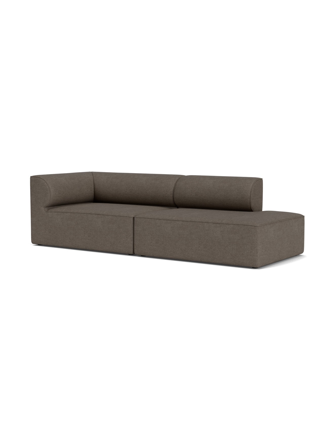 Angled view of the Eave Modular Sofa, 96, Configuration 3 in dark brown bouclé fabric, against a plain white background.