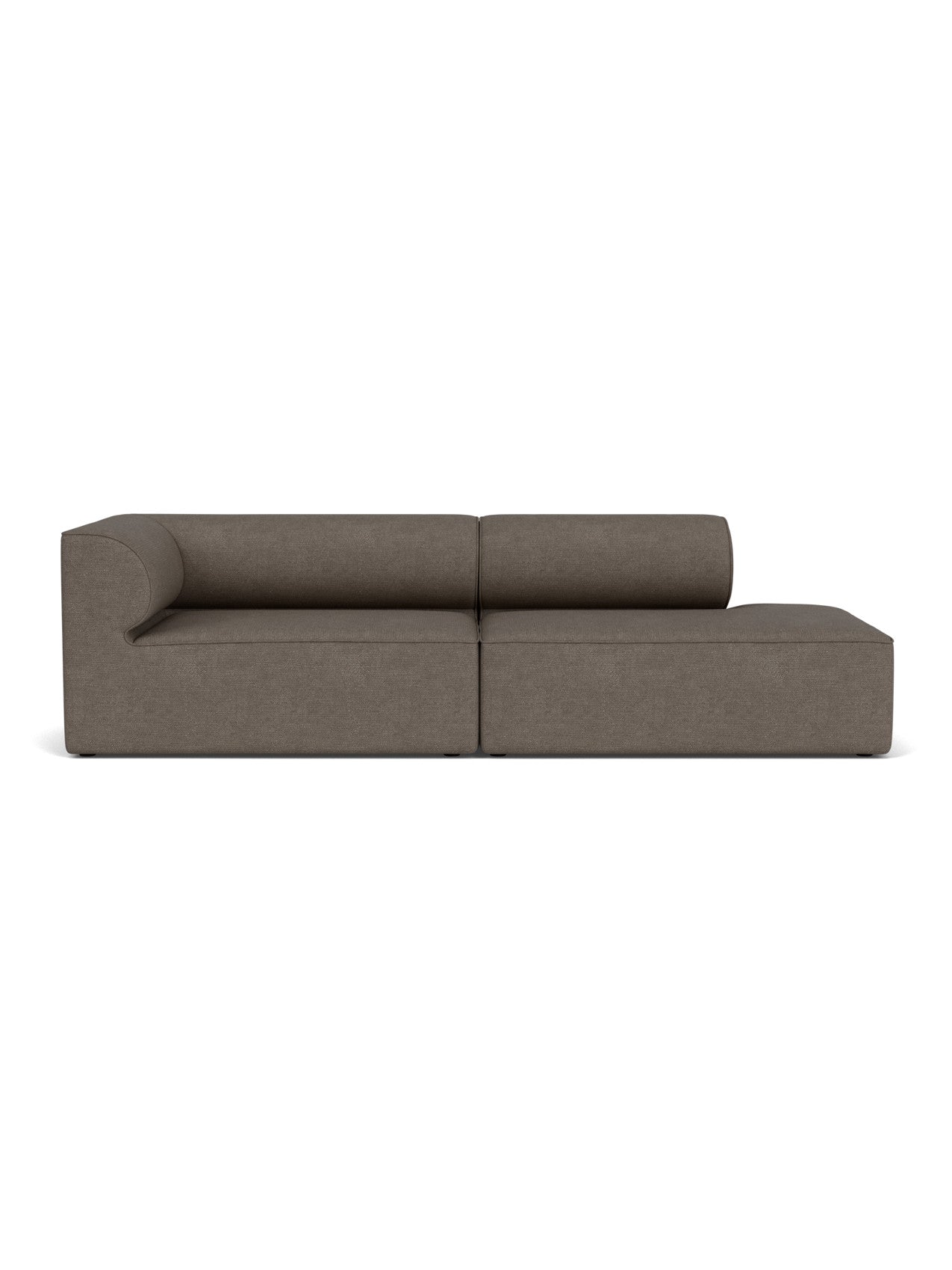 Front view of the Eave Modular Sofa, 96, Configuration 3. A 2.5-seater sofa in brown bouclé fabric with a chaise longue.