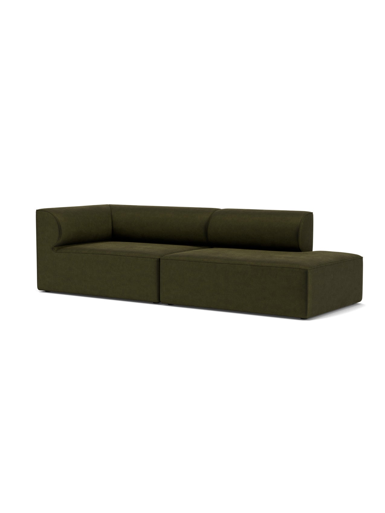 Front-angle view of the Eave Modular Sofa, 2.5-seater, in a dark green fabric, with a corner section and open-end chaise.