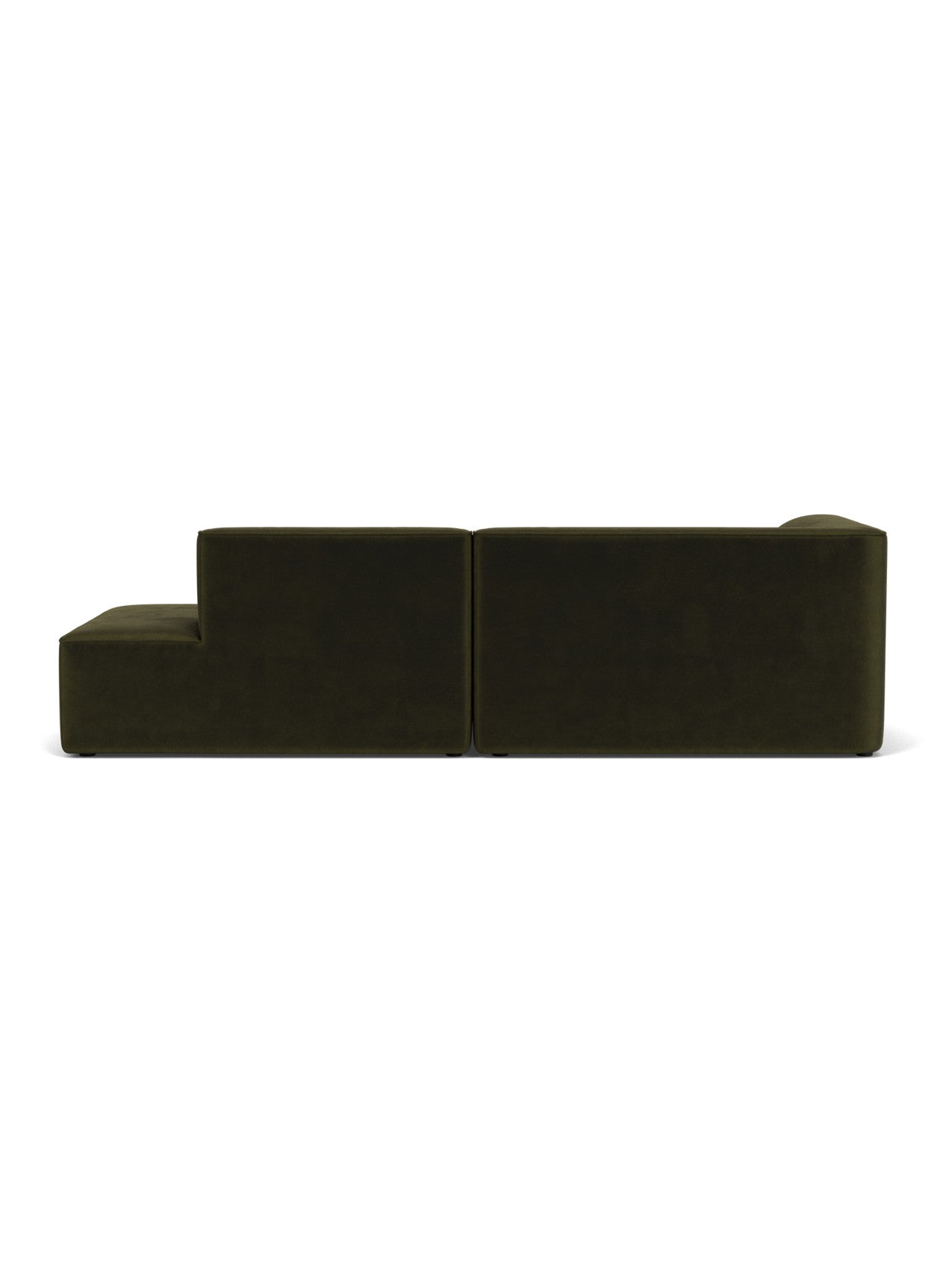 Eave Modular Sofa, 96, Configuration 3, from the back. Upholstered in a dark green fabric against a white backdrop.