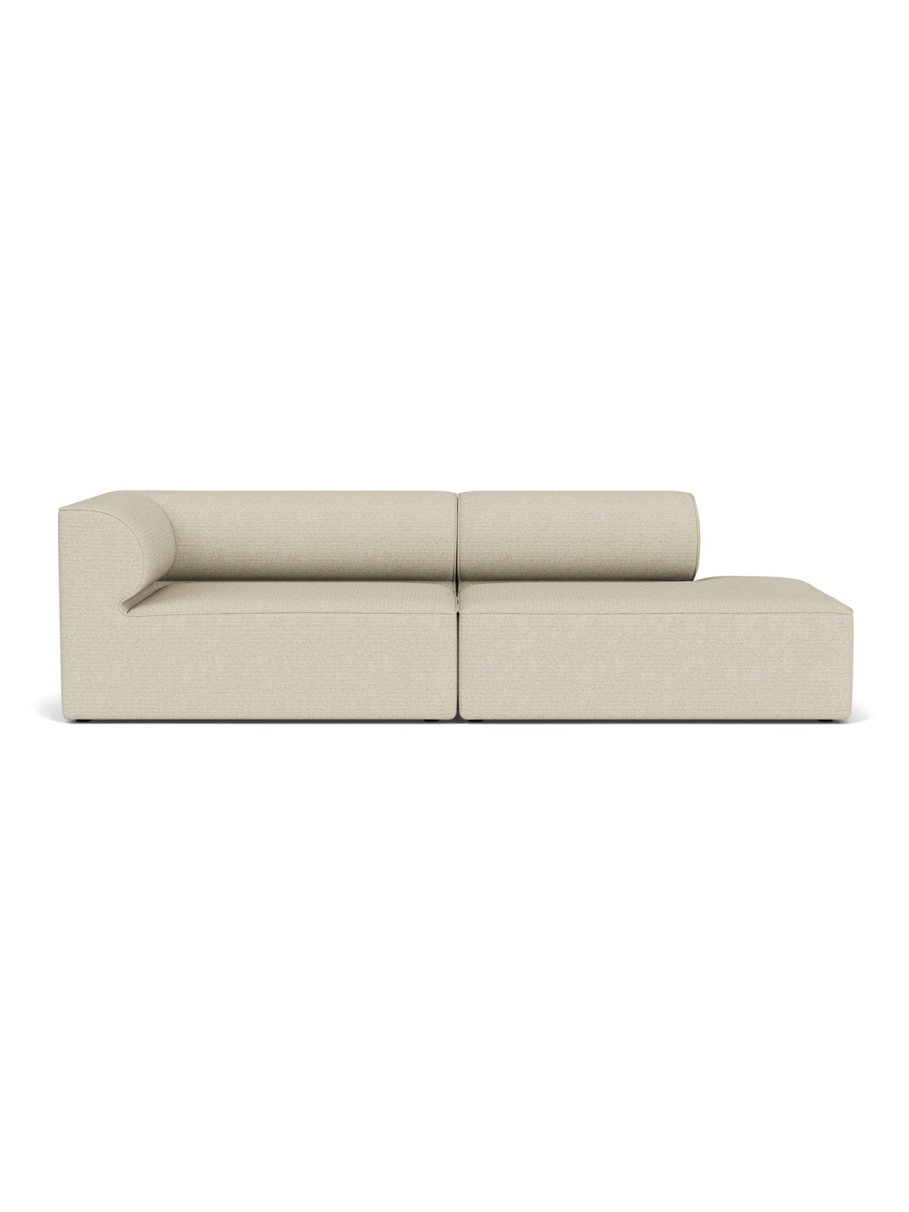 A front-on view of the Eave Modular Sofa, 96, 2.5-seater, configuration 3, upholstered in a light beige textured fabric.