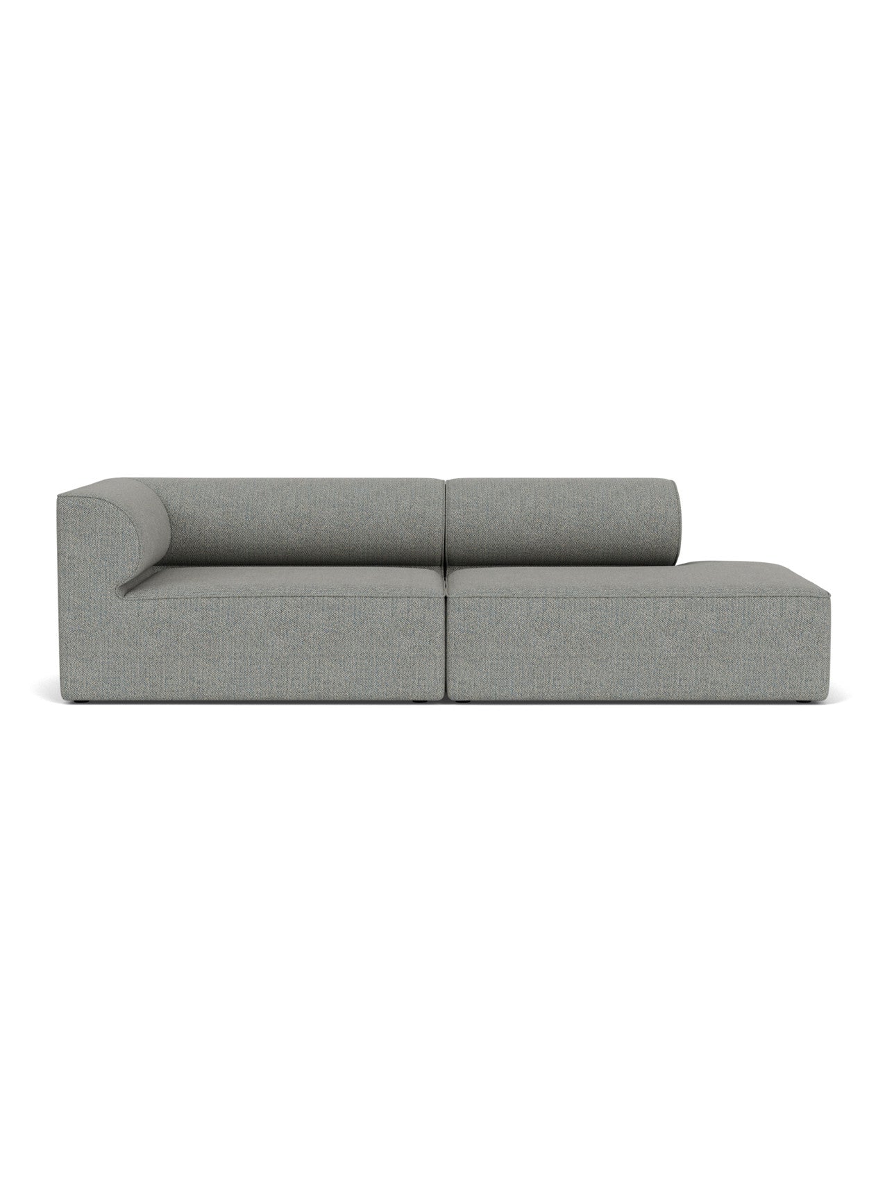 Front view of the Eave Modular Sofa 96 in grey Safire fabric, featuring a corner module with a curved armrest and a chaise.