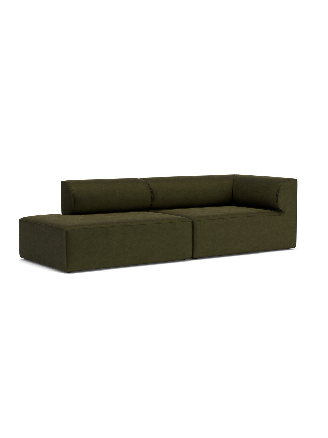 Angled view of the Eave Modular Sofa, 2.5-seater, Configuration 4, a dark green sofa with a chaise longue and right armrest.