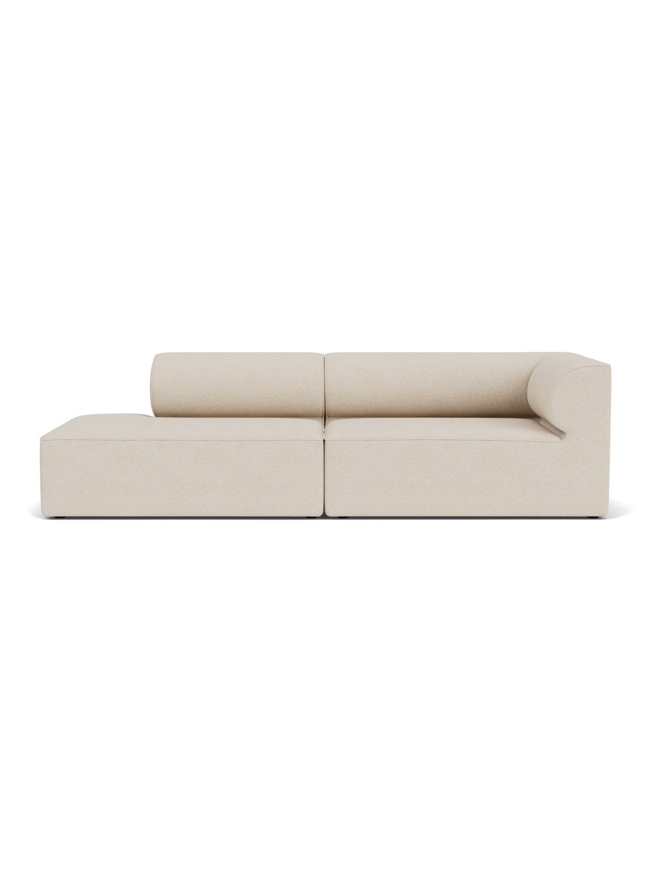 Front view of the Eave Modular Sofa 96, Configuration 4. A 2.5-seater sofa with a left-hand chaise and light moss upholstery.
