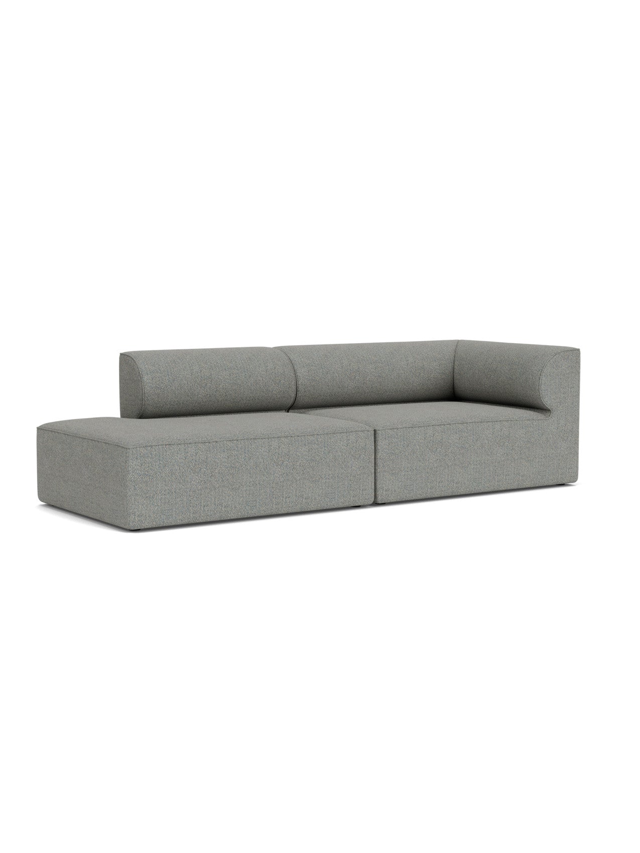 Angled view of the Eave Modular Sofa, 96, Configuration 4, in a light grey Safire fabric, showing its chaise longue section.