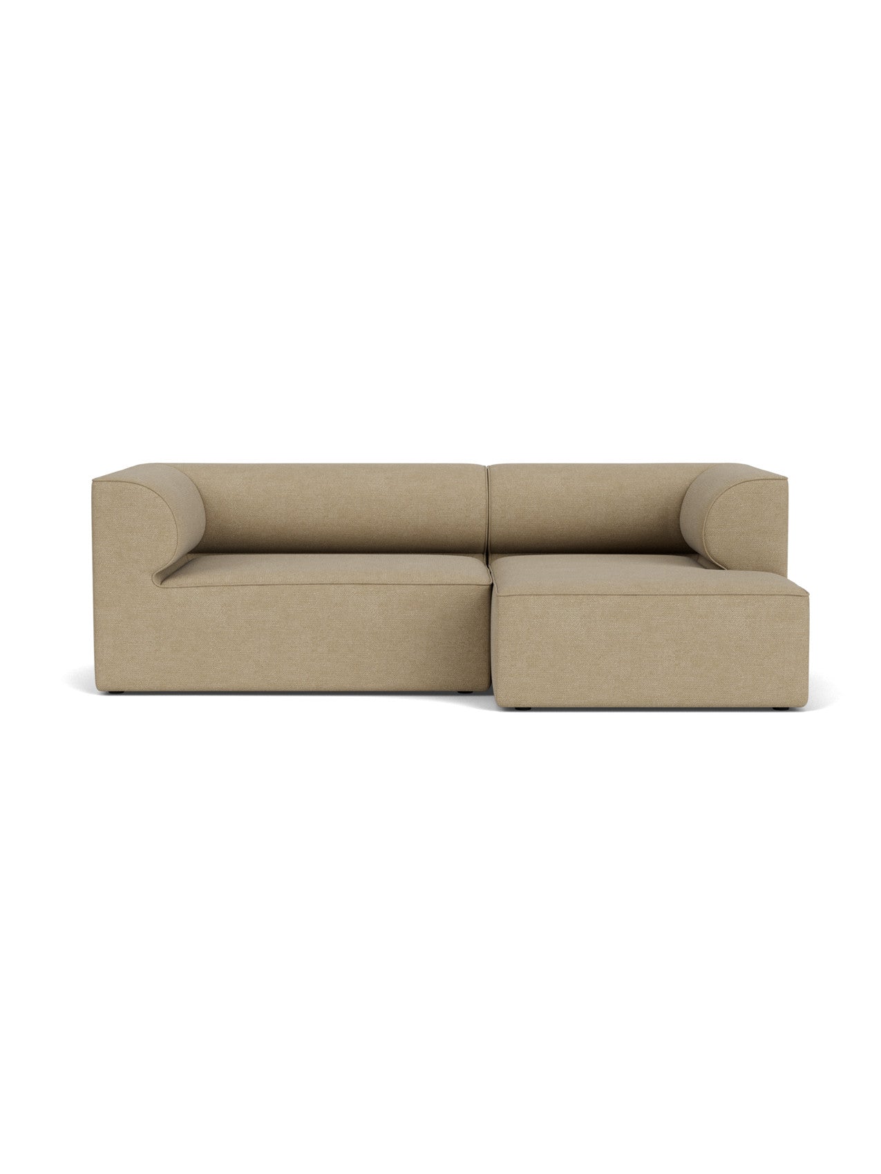 Front view of the Eave Modular Sofa, Configuration 5. A 2-seater sofa with a right chaise longue in light brown bouclé.