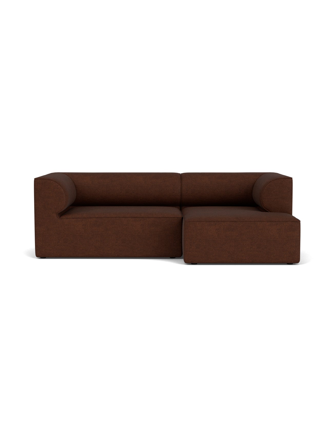 Front view of the Eave Modular Sofa, 96, Configuration 5, in brown bouclé, with a curved armrest and a right chaise.