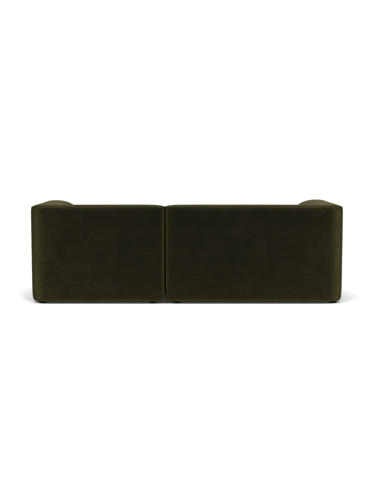 A straight-on back view of the Eave Modular Sofa 96 2-seater in a dark green velvet-like fabric on a white background.