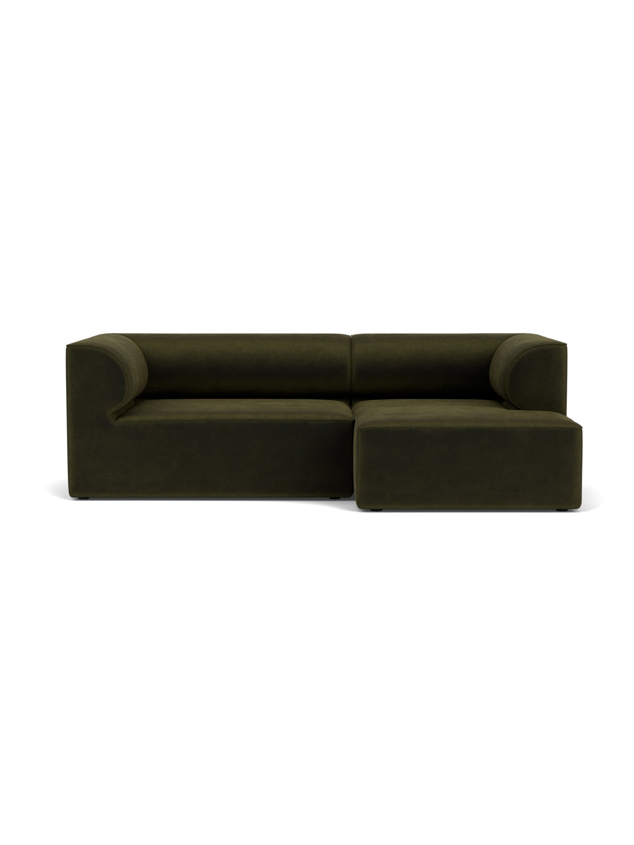 Front view of the Eave Modular Sofa, 96, Configuration 5. A dark green L-shaped sofa with a right-hand chaise longue.