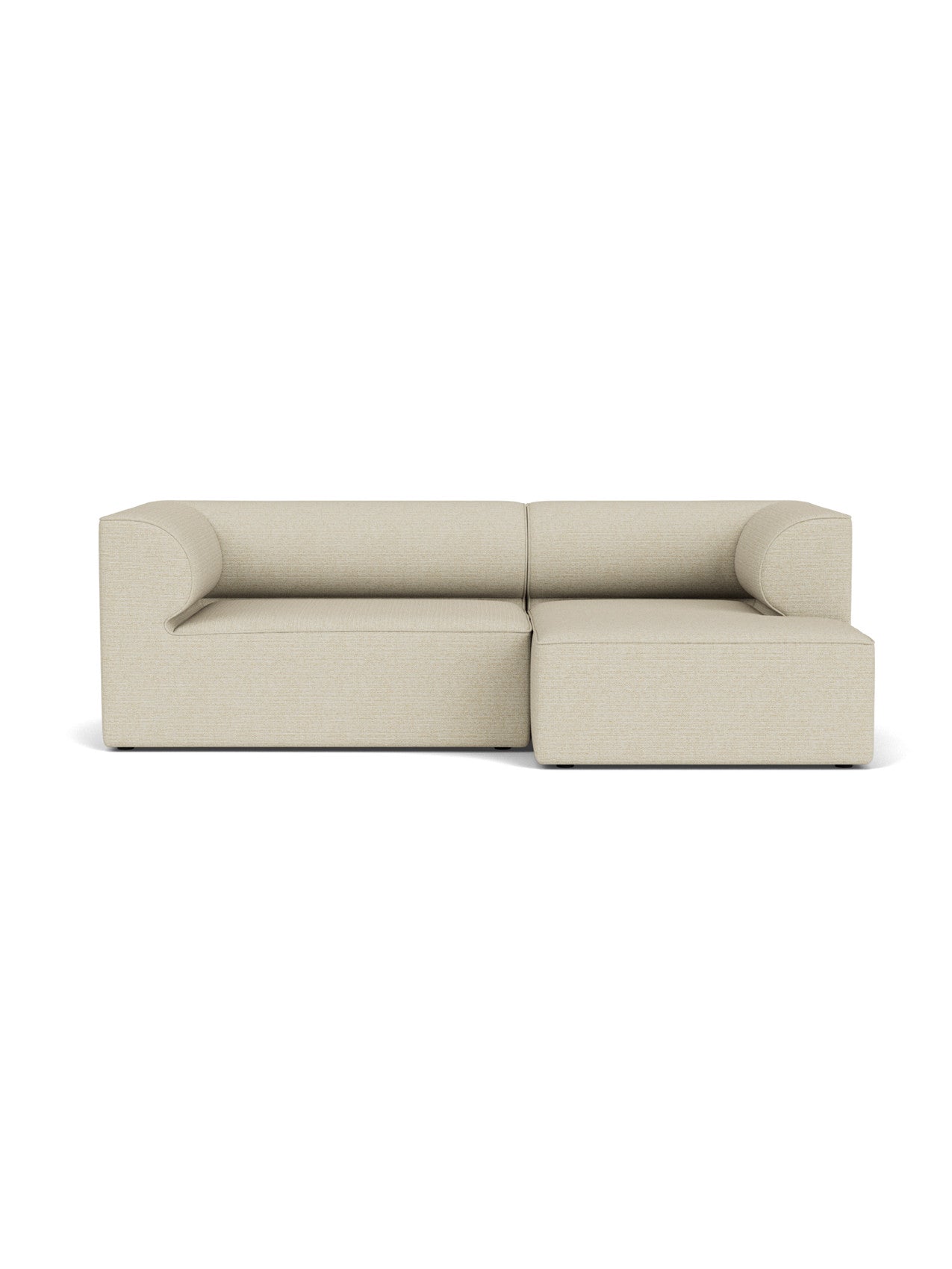 Front view of the Eave Modular Sofa, 96, Configuration 5, a 2-seater with a right chaise longue in light beige fabric.