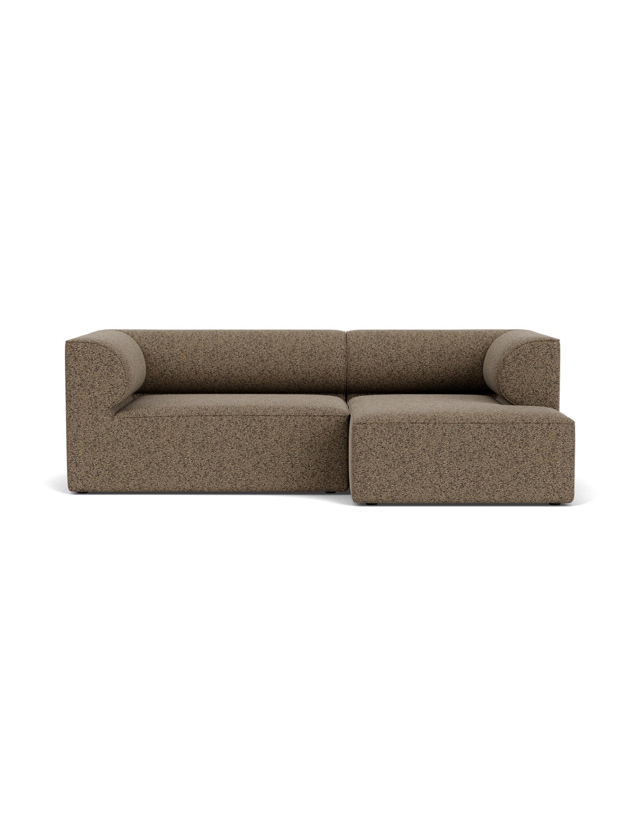 Front view of the Eave Modular Sofa, Configuration 5, a two-seater with a right chaise longue in brown Safire 001 fabric.