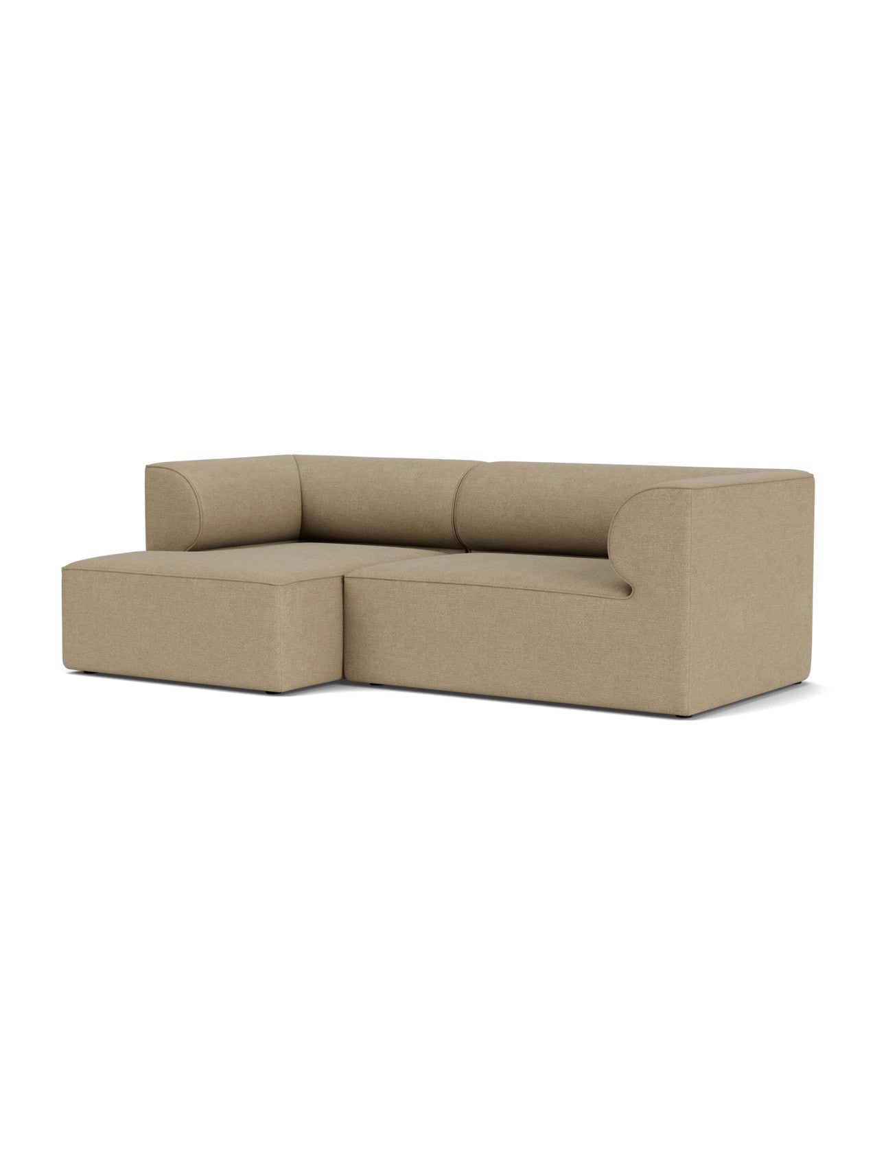 The Eave Modular Sofa, 96, Configuration 6, in beige Audo Bouclé 02 fabric, viewed from an angle against a white background.