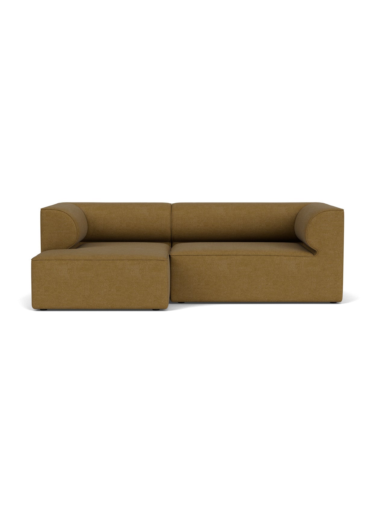 Front view of the Eave Modular Sofa, 96, Configuration 6, with a left chaise longue in mustard-coloured Bouclé fabric.