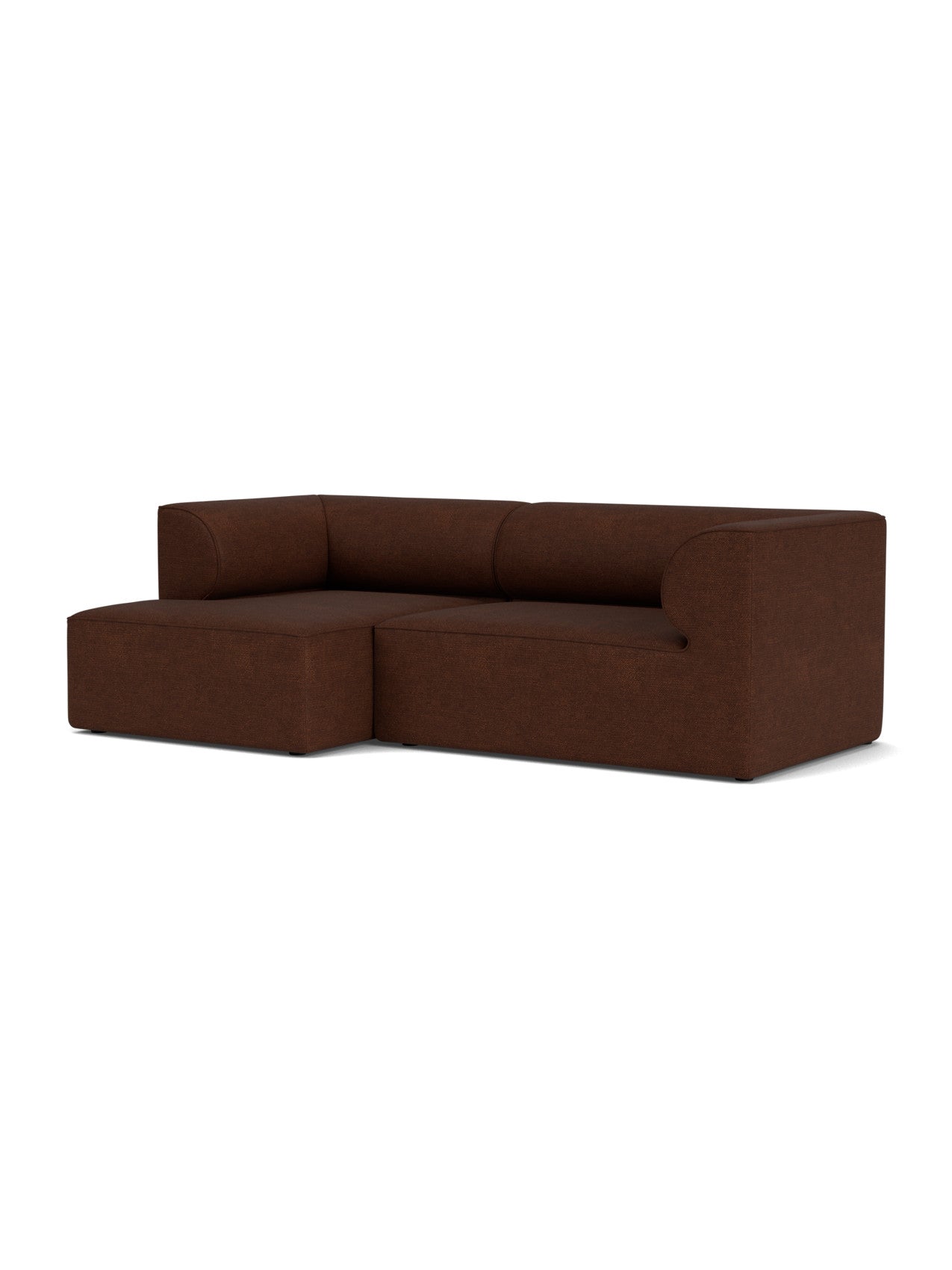 Angled view of the Eave Modular Sofa 96, Configuration 6, with a left chaise longue, in a textured brown Bouclé 08 fabric.