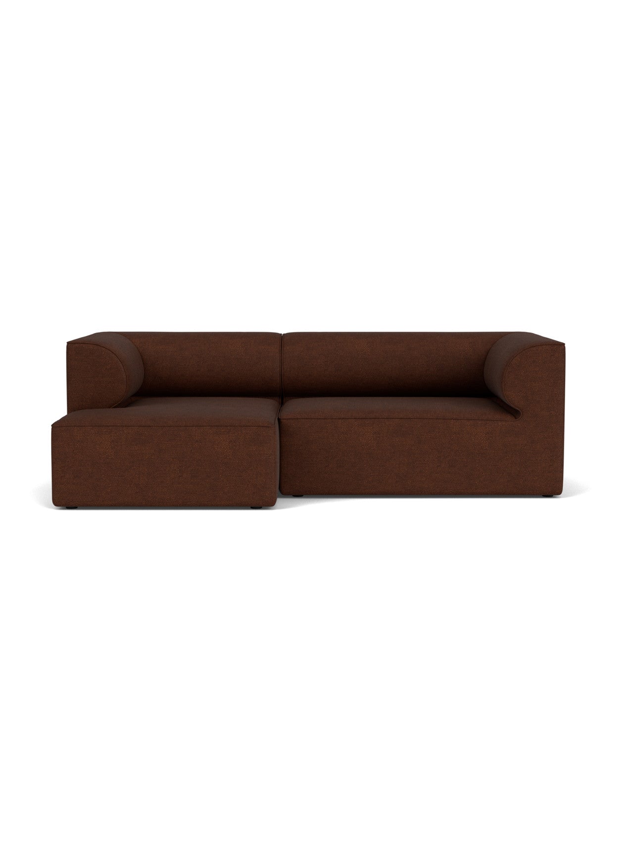 Front view of the Eave Modular Sofa, Configuration 6. The two-seater sofa has a left chaise longue and is in brown bouclé.