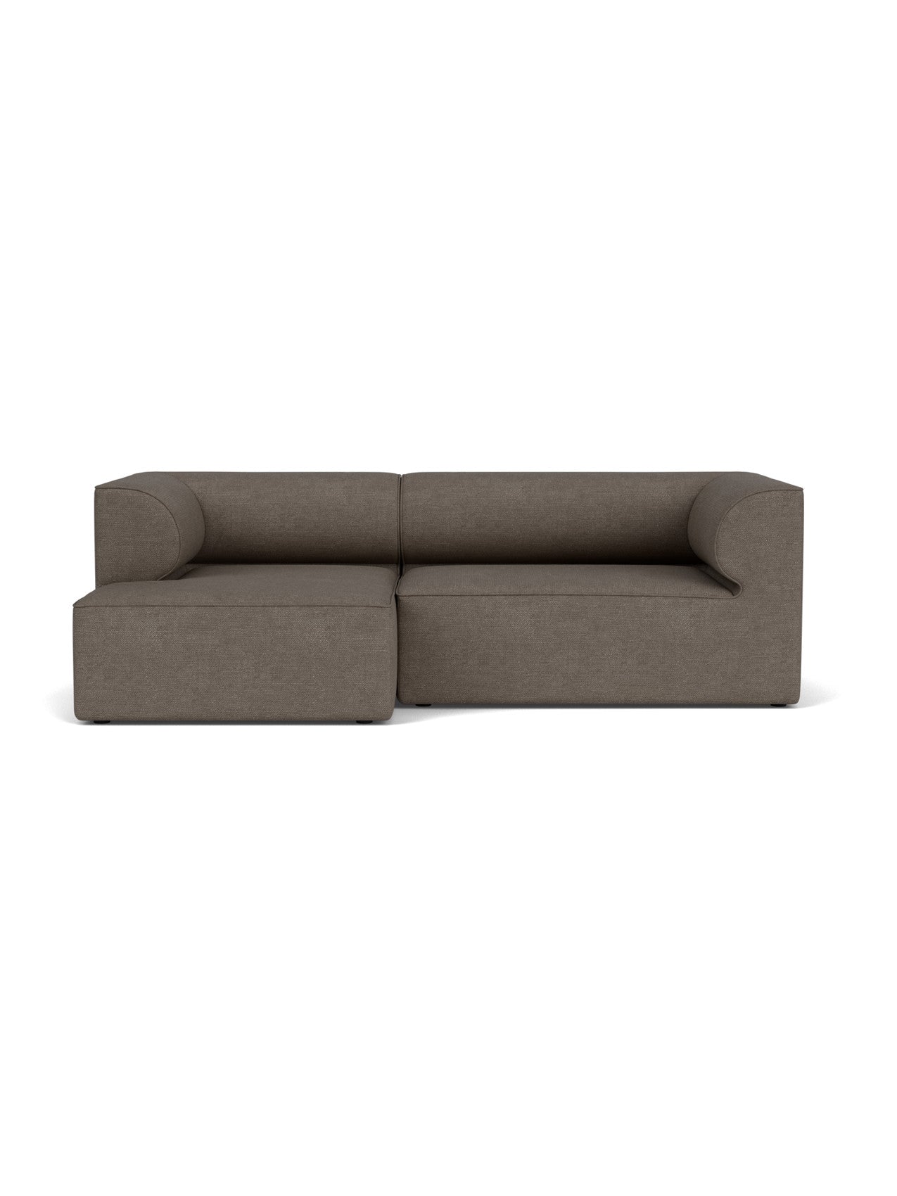 Front view of the Eave Modular Sofa, Configuration 6. A dark brown 2-seater with left chaise and signature curved armrests.