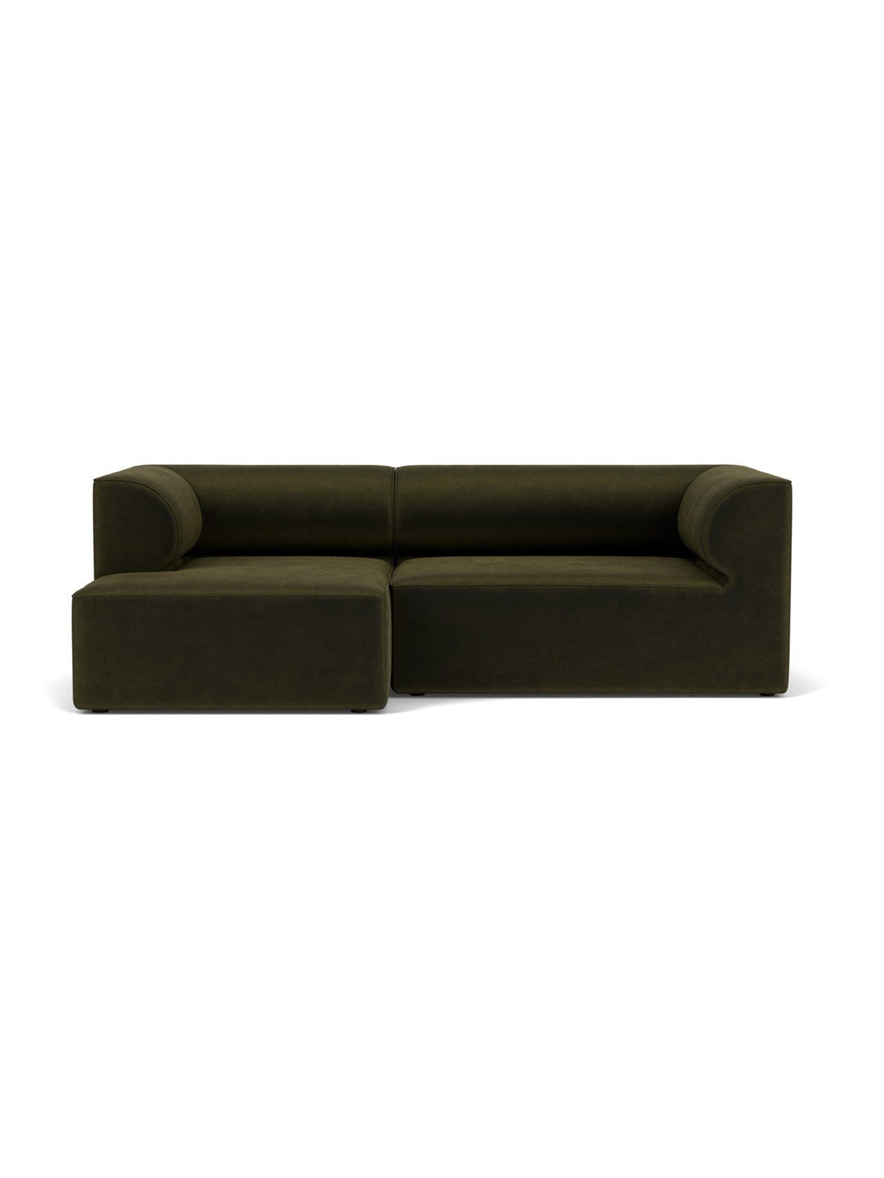 The Eave Modular Sofa, 96, configuration 6, an L-shaped sofa in dark green fabric with a left chaise and curved armrests.