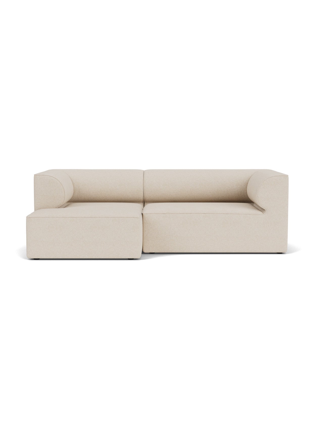A front-on studio shot of the Eave Modular Sofa, 96, Configuration 6, upholstered in a light beige bouclé fabric.