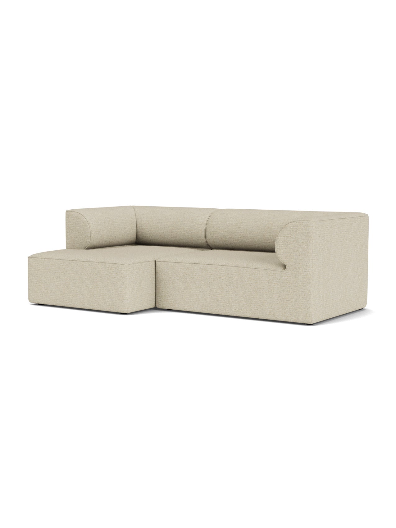 Angled view of the Eave Modular Sofa, 96, 2-seater, Configuration 6. It's in a light beige fabric with a left chaise longue.