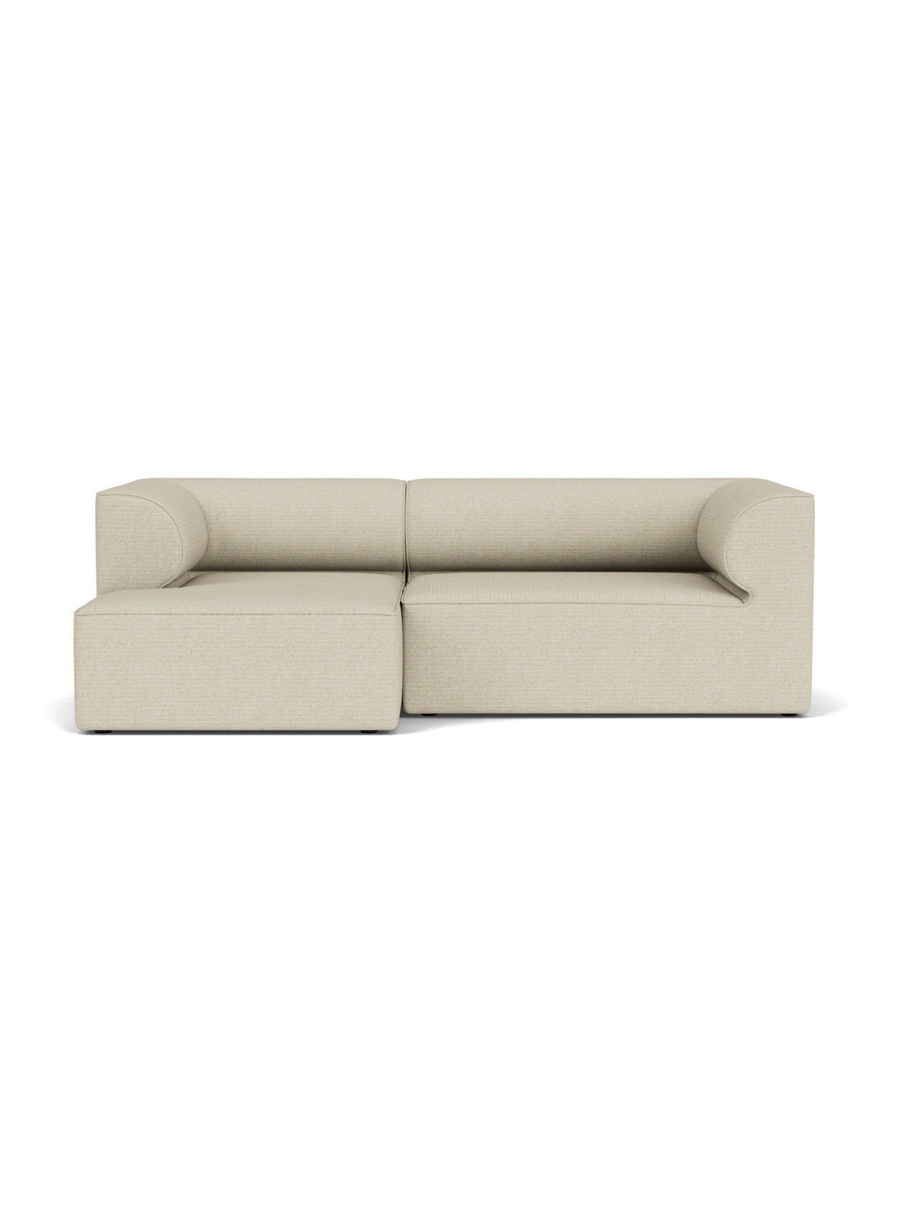 A front view of the Eave Modular Sofa, Configuration 6. The light beige 2-seater has a left chaise and curved armrests.