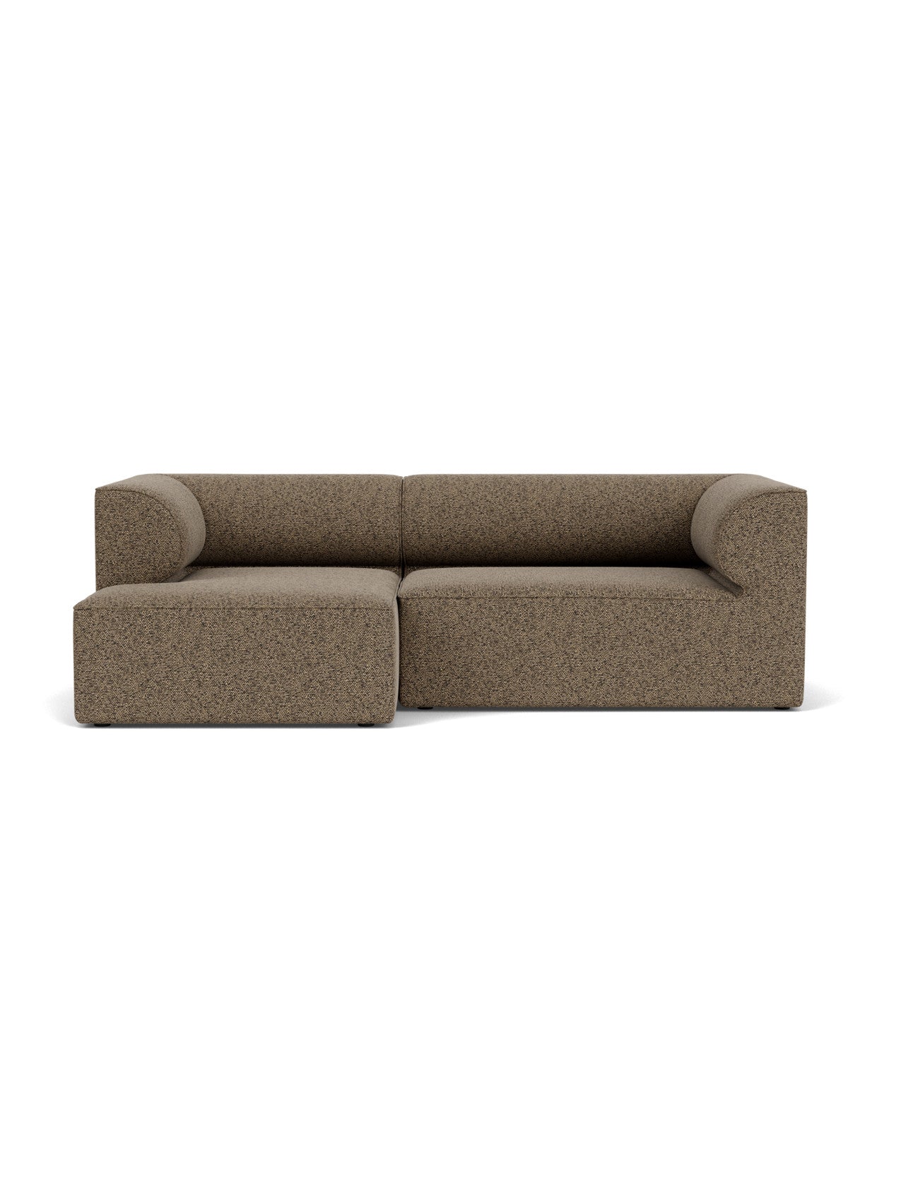 Front view of the Eave Modular Sofa, 96, Configuration 6, with a left chaise longue, upholstered in brown Safire fabric.