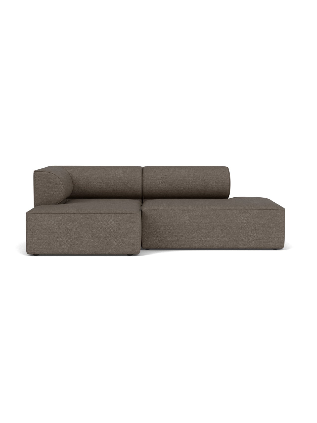 Front view of the Eave Modular Sofa 96, Configuration 7. A 2.5-seater with left corner and chaise in brown Bouclé fabric.