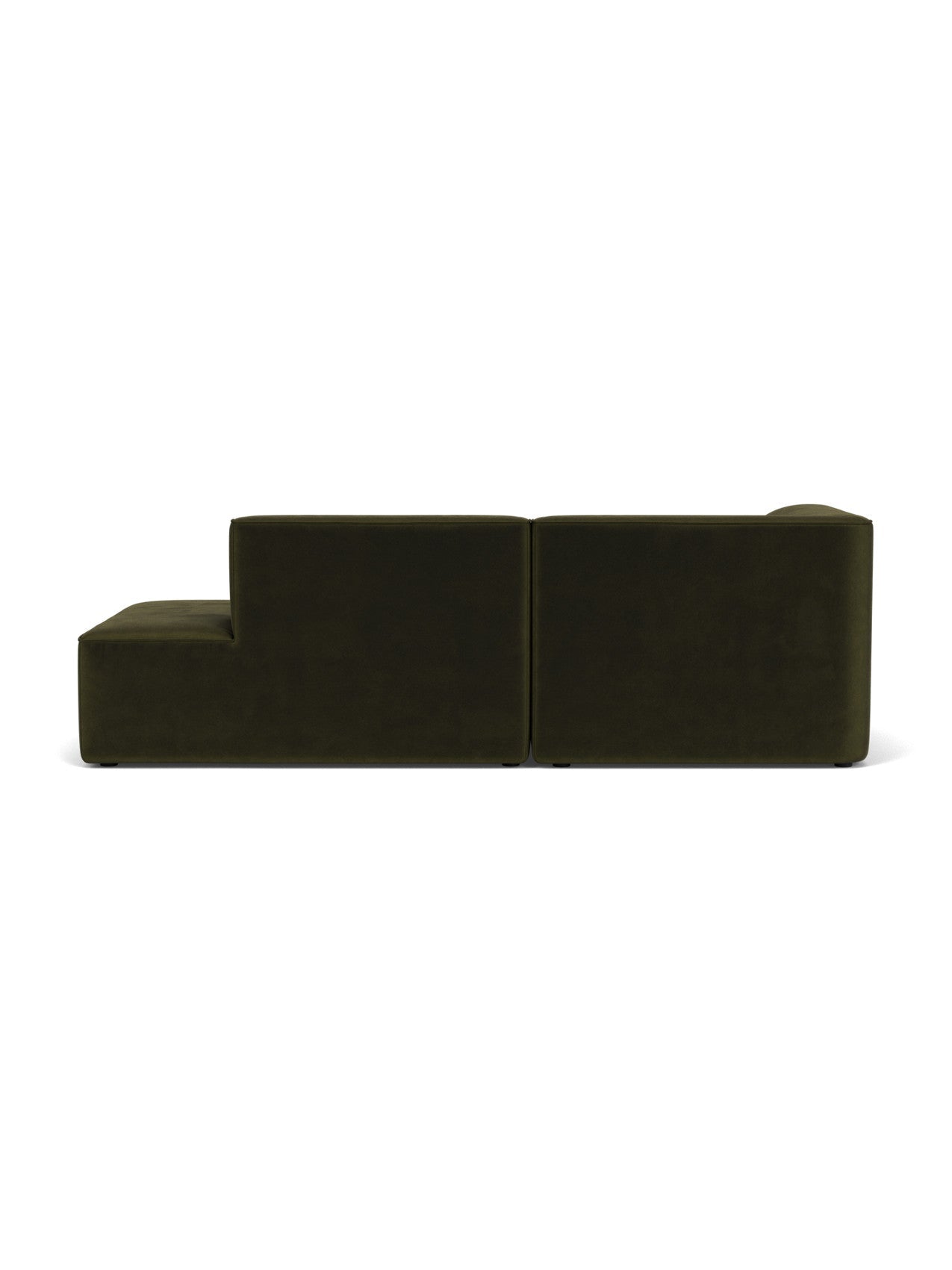 A back view of the Eave Modular Sofa, 96, Configuration 7 in a dark green Champion 035 fabric against a white background.
